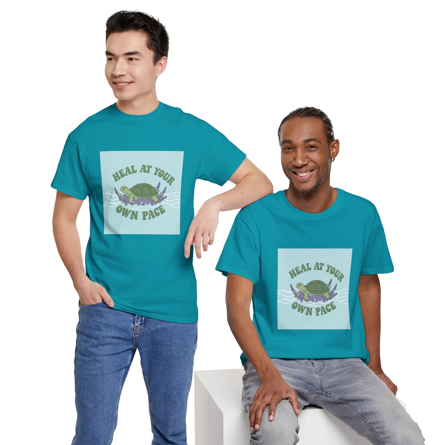 Heal at Your Own Pace Unisex Heavy Cotton Tee - Inspirational Turtle Graphic Tee for Relaxation