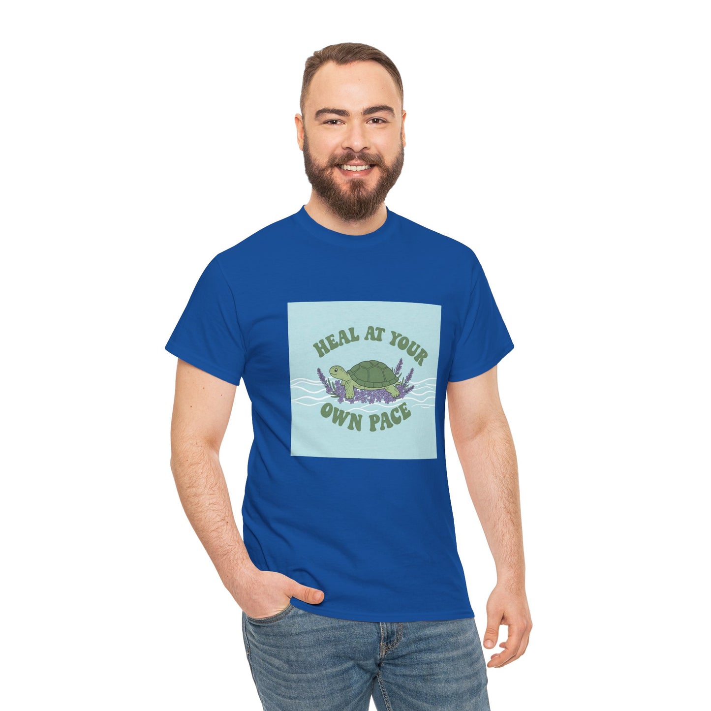 Heal at Your Own Pace Unisex Heavy Cotton Tee - Inspirational Turtle Graphic Tee for Relaxation