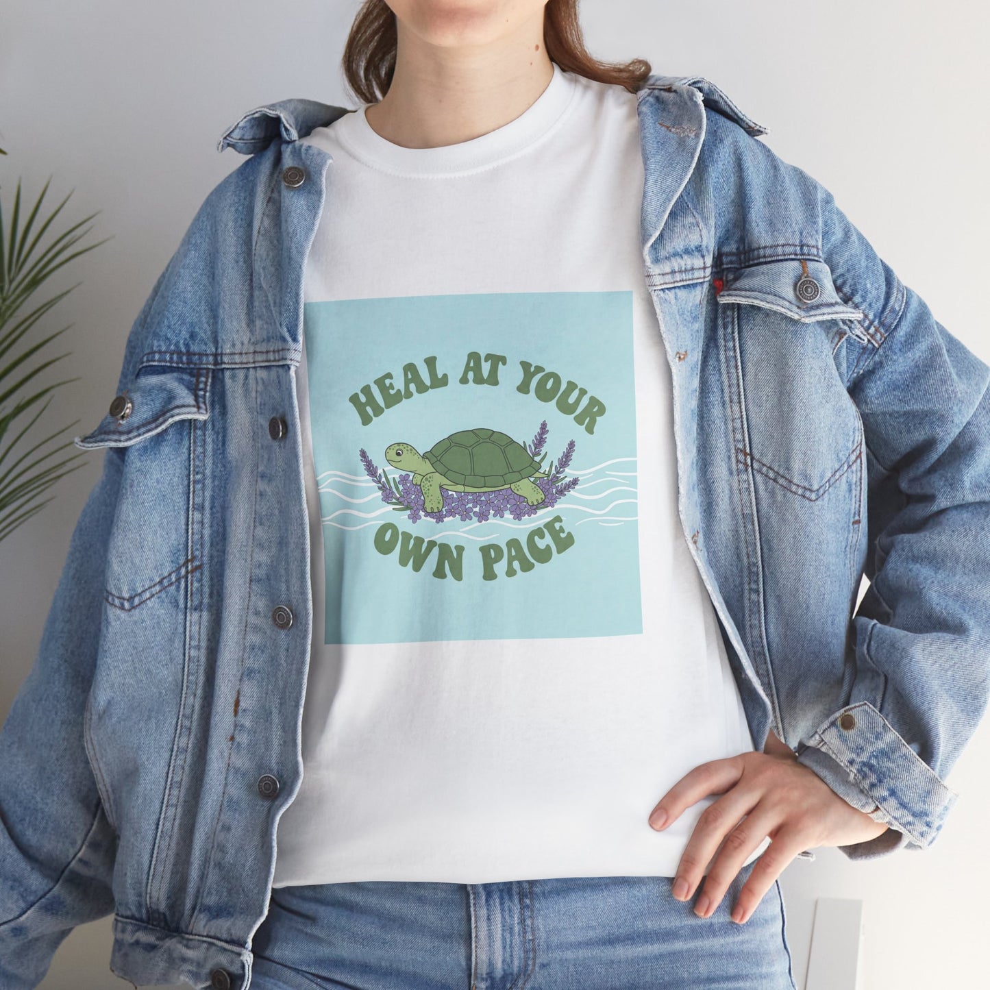 Heal at Your Own Pace Unisex Heavy Cotton Tee - Inspirational Turtle Graphic Tee for Relaxation