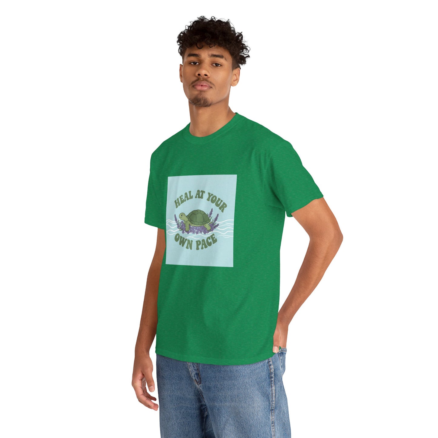 Heal at Your Own Pace Unisex Heavy Cotton Tee - Inspirational Turtle Graphic Tee for Relaxation