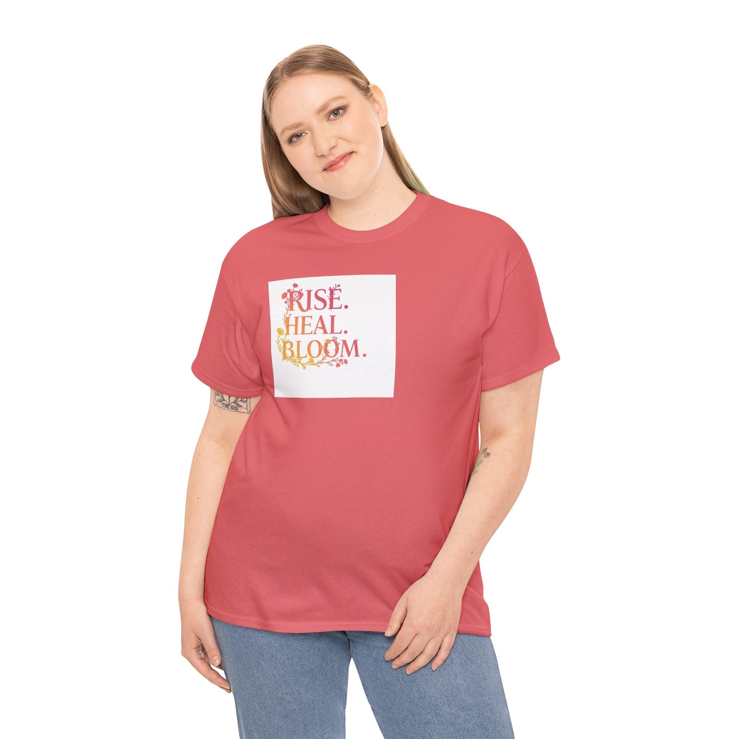 Rise Heal Bloom Unisex Heavy Cotton Tee - Motivational Graphic T-Shirt for Self-Care and Wellness