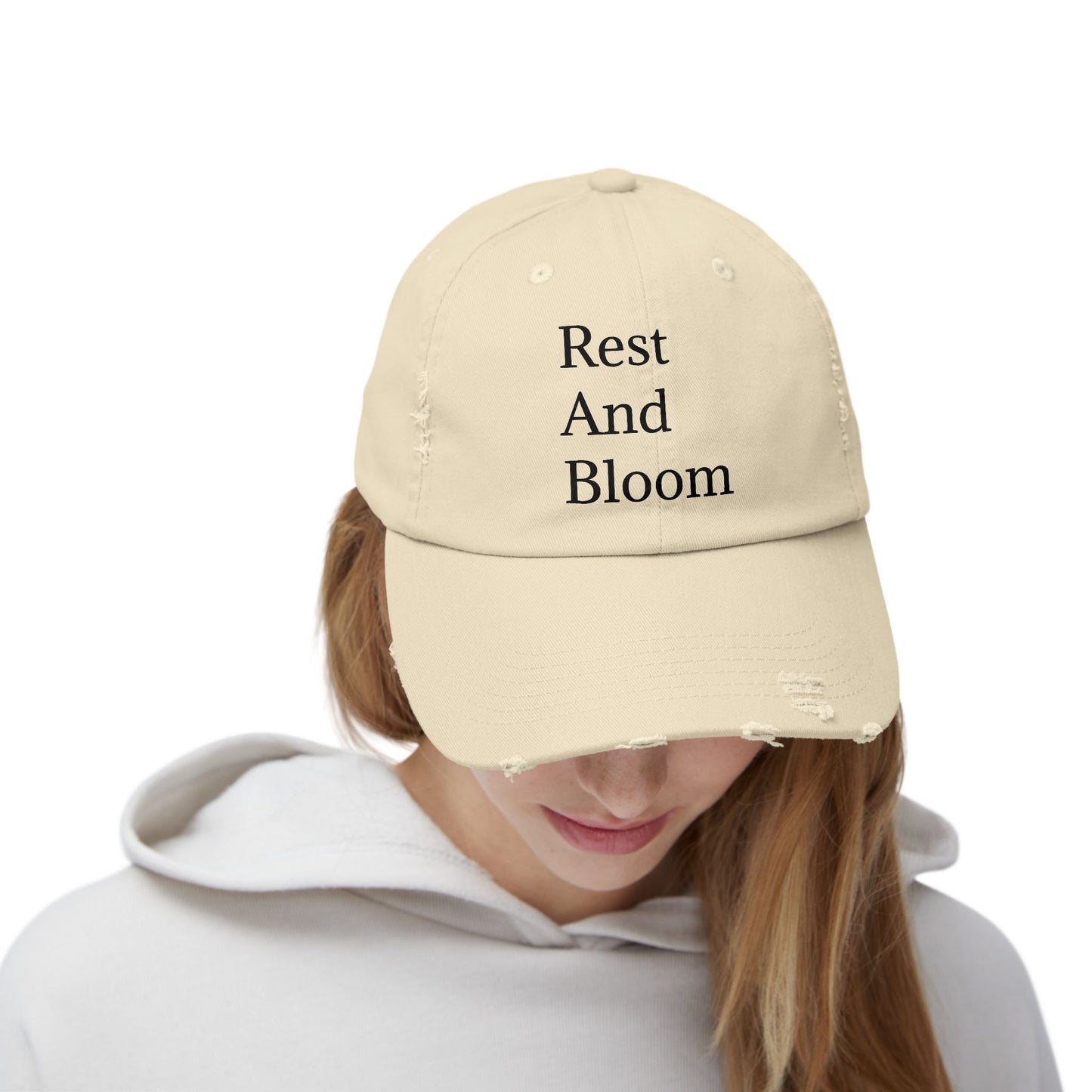 Unisex Distressed Cap - "Rest And Bloom" Casual Hat for Relaxation and Style