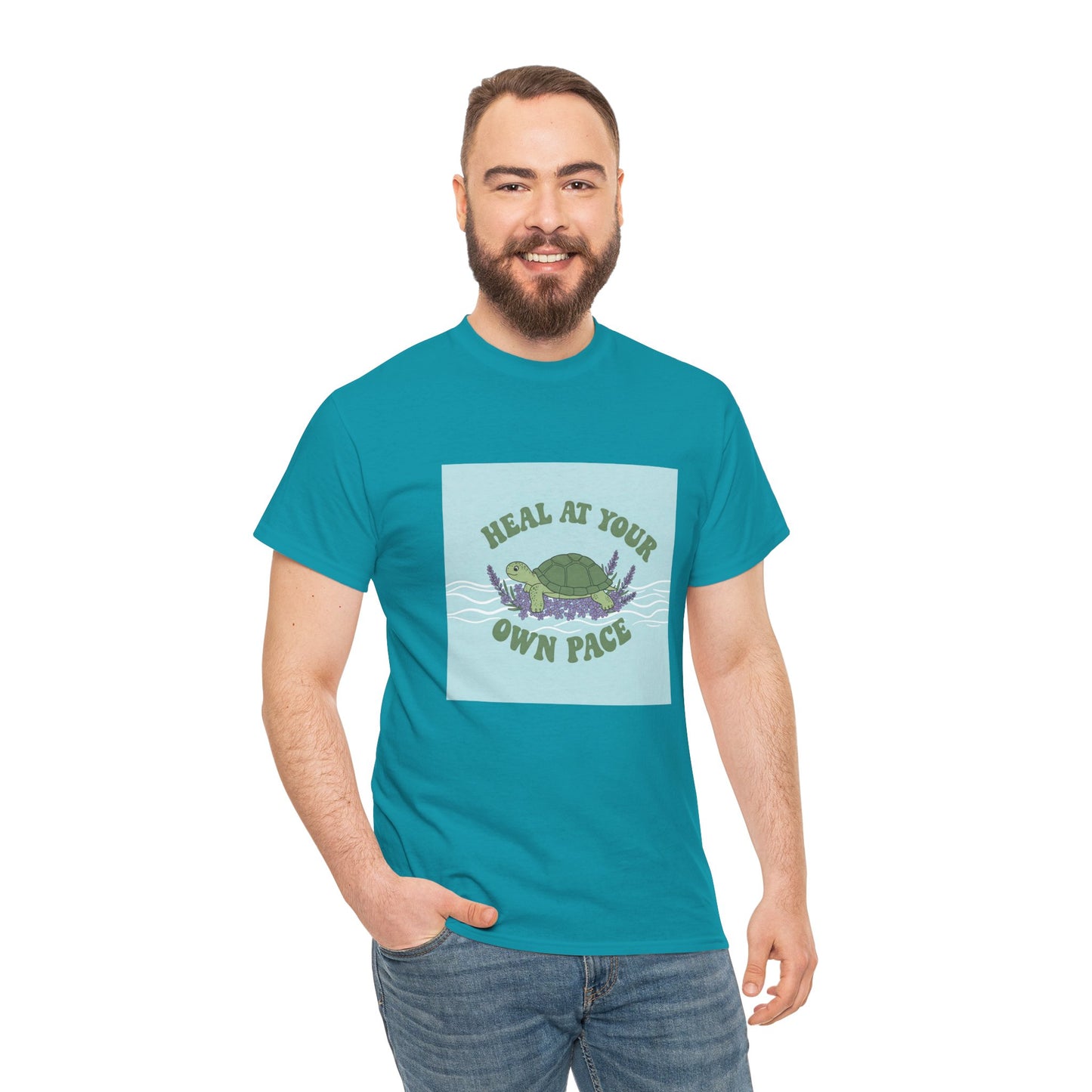 Heal at Your Own Pace Unisex Heavy Cotton Tee - Inspirational Turtle Graphic Tee for Relaxation