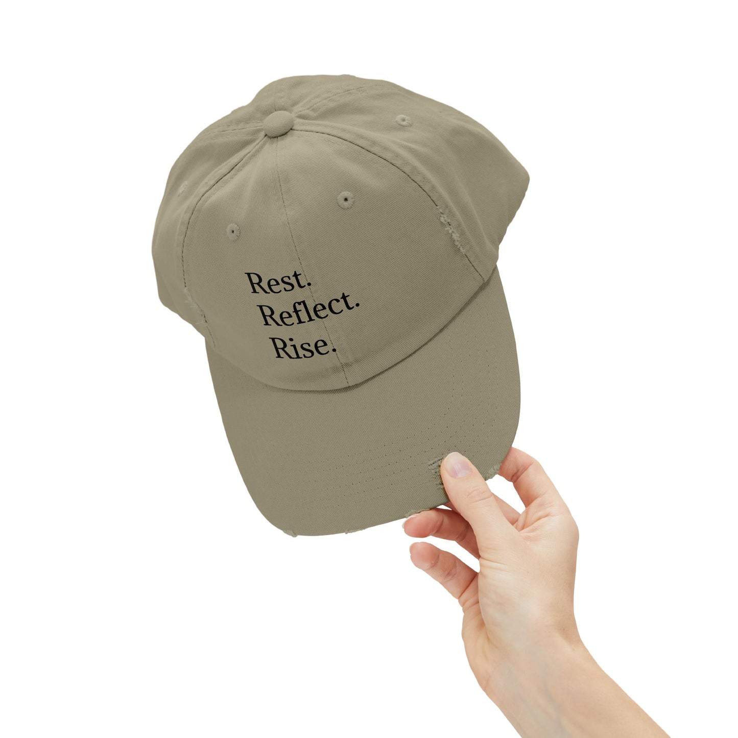 Unisex Distressed Cap - Rest. Reflect. Rise. Inspirational Hat for Mindfulness and Self-Care