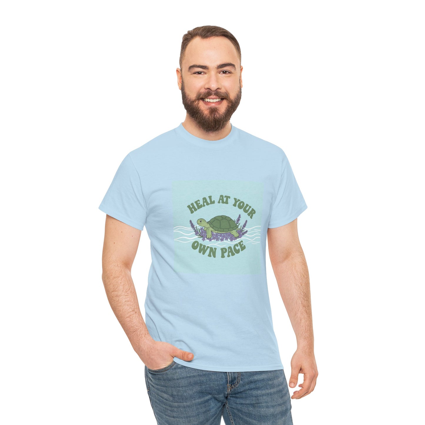 Heal at Your Own Pace Unisex Heavy Cotton Tee - Inspirational Turtle Graphic Tee for Relaxation