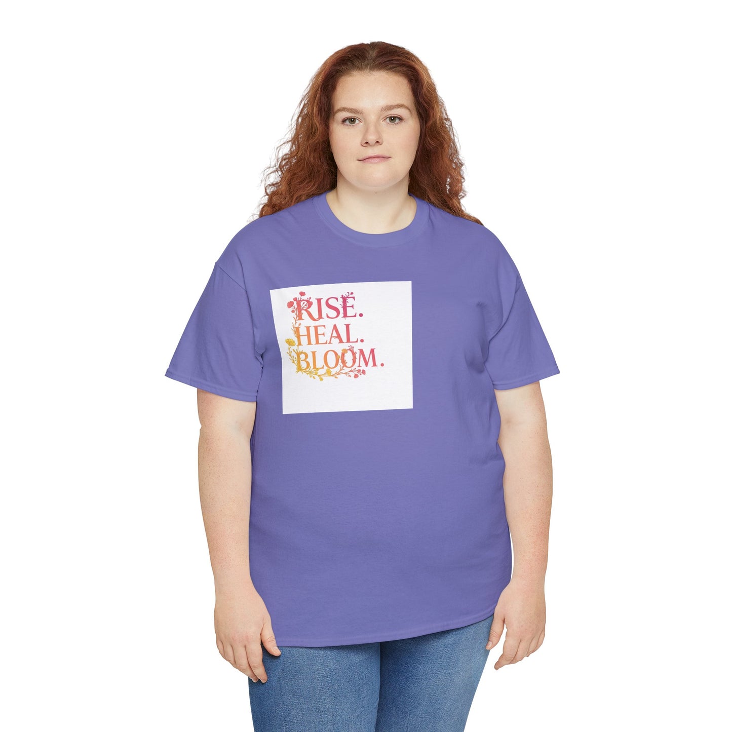 Rise Heal Bloom Unisex Heavy Cotton Tee - Motivational Graphic T-Shirt for Self-Care and Wellness