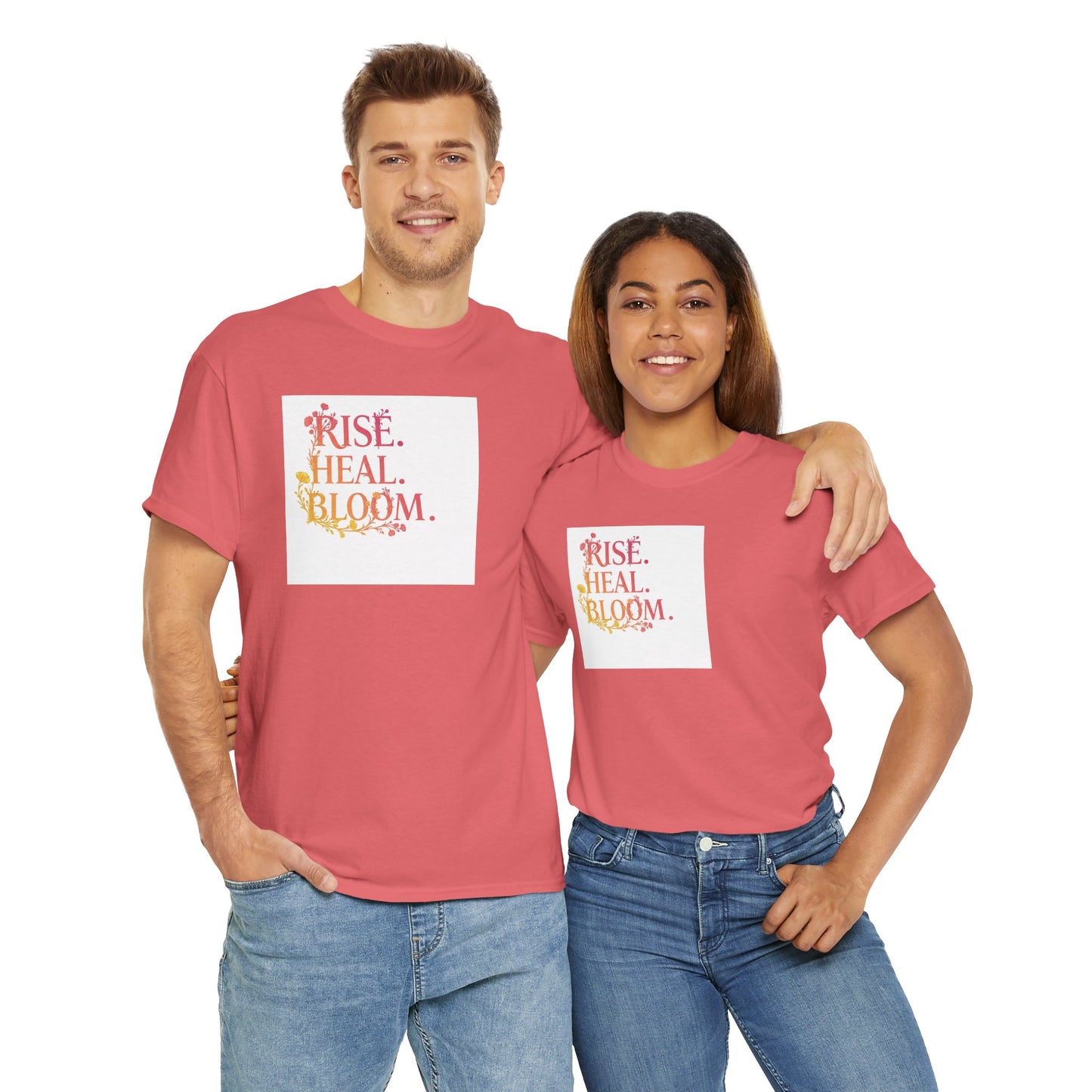 Rise Heal Bloom Unisex Heavy Cotton Tee - Motivational Graphic T-Shirt for Self-Care and Wellness