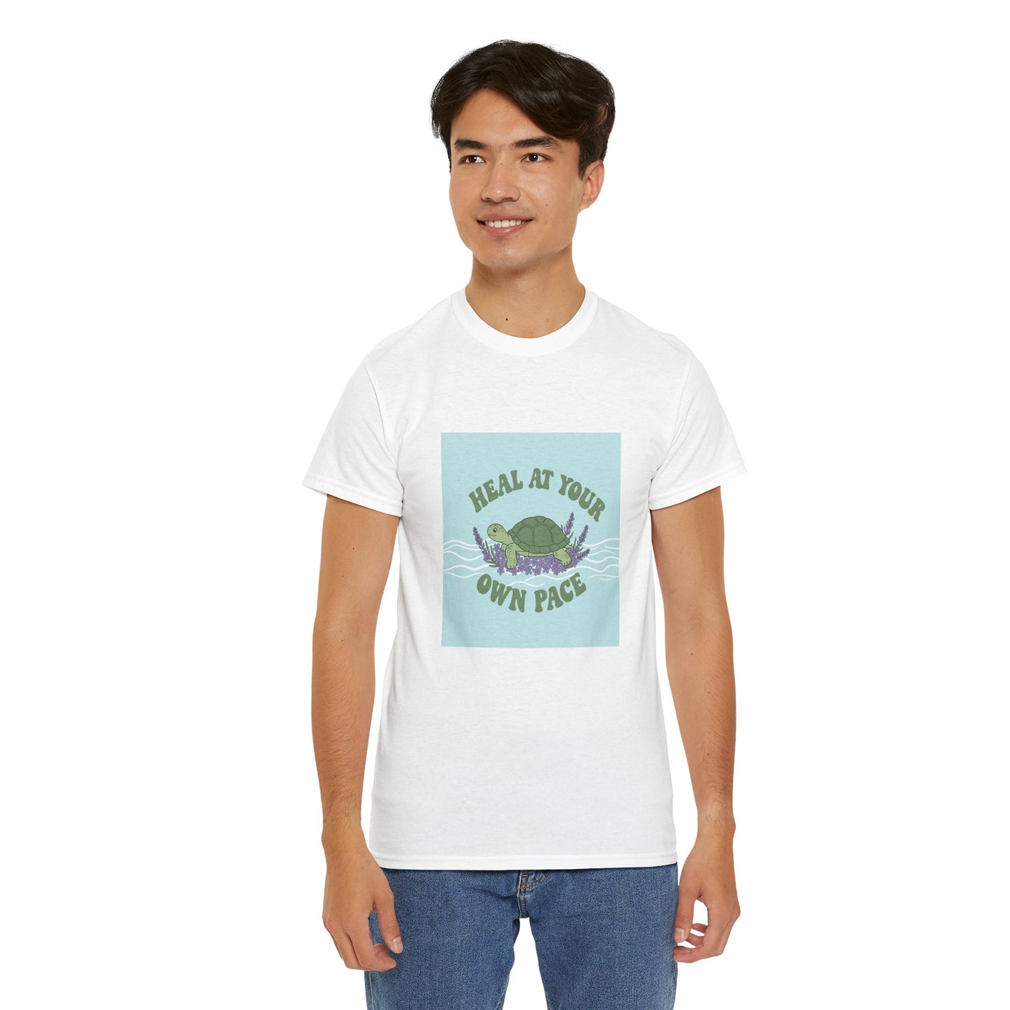 Heal at Your Own Pace Unisex Heavy Cotton Tee - Inspirational Turtle Graphic Tee for Relaxation