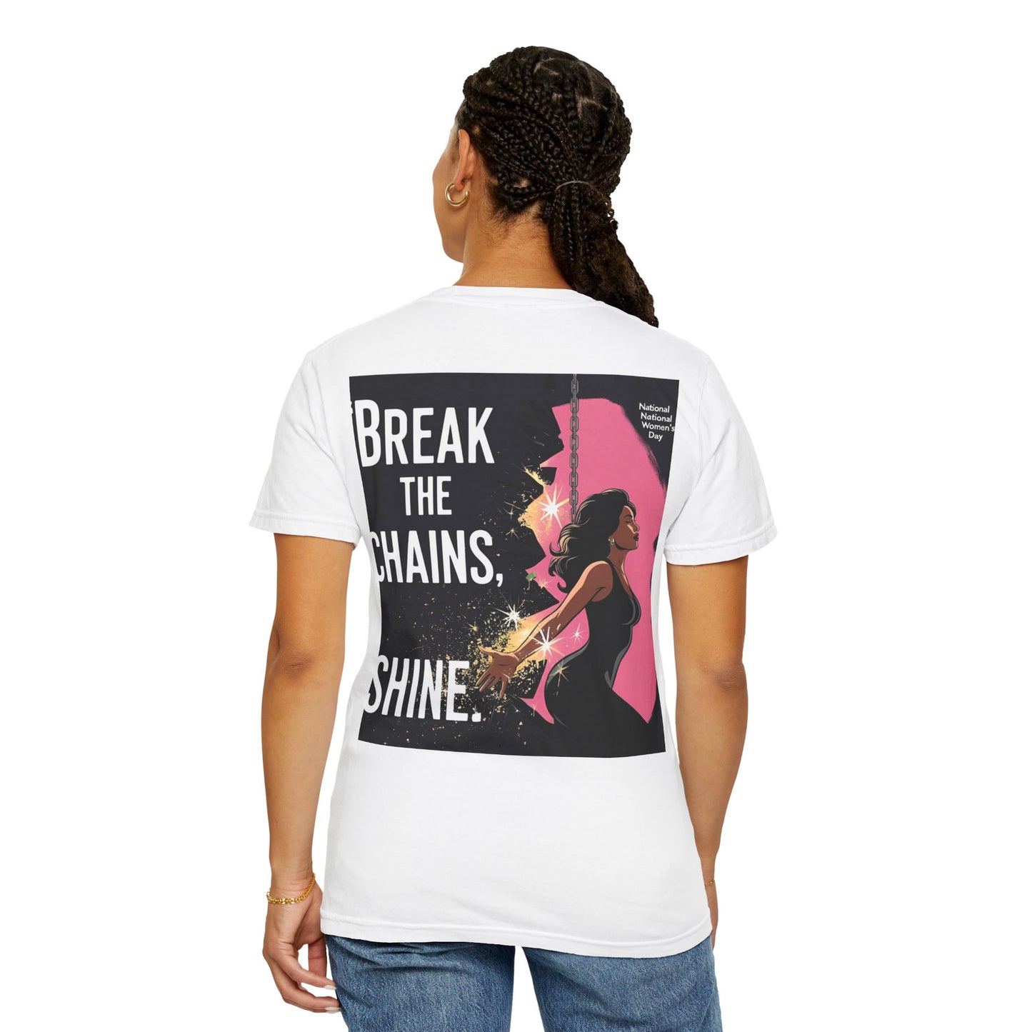 Bemagtigings-T-hemp: "Break the Chains, Shine" - Unisex-kledingkleurige tee vir Nasionale Vryheidsdag