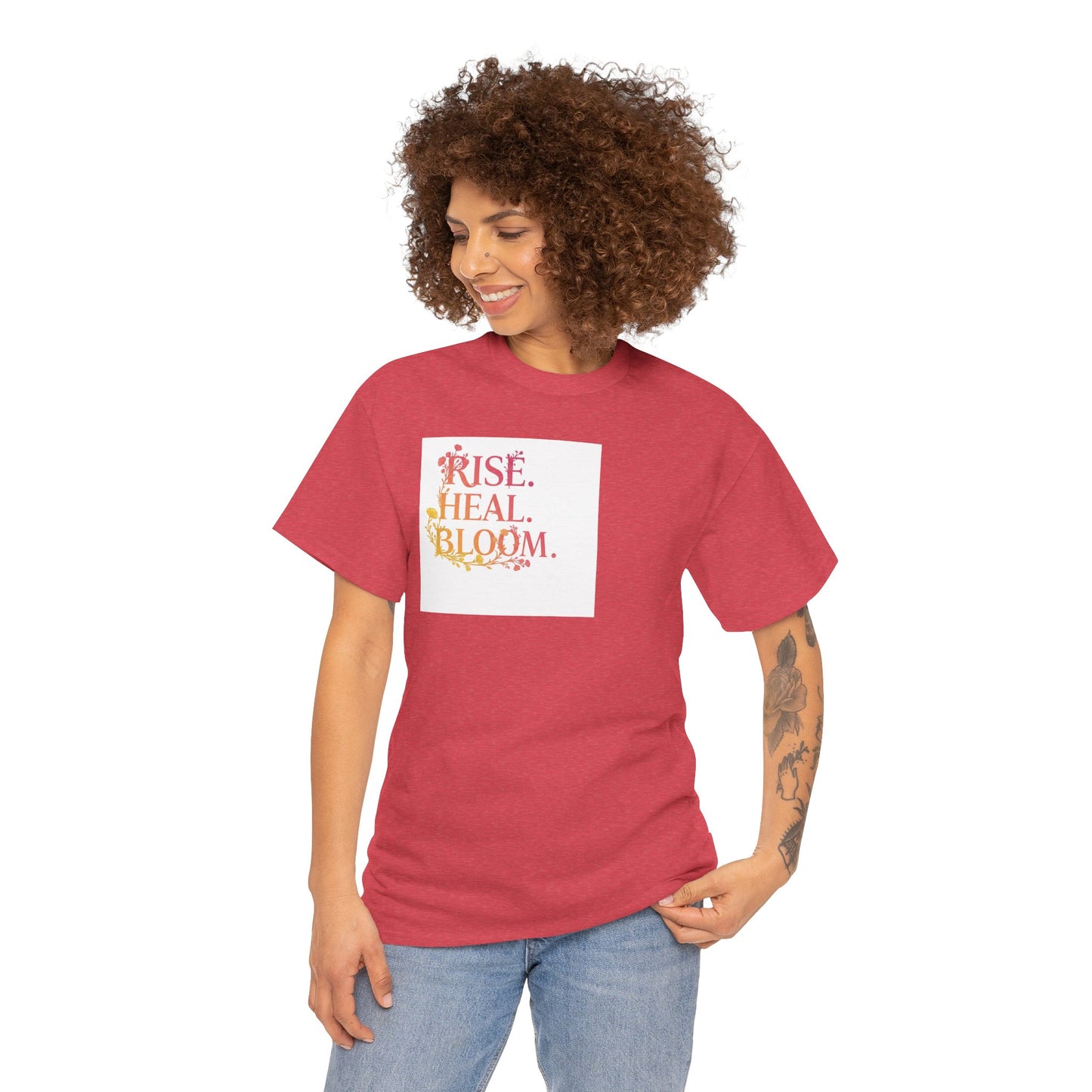 Rise Heal Bloom Unisex Heavy Cotton Tee - Motivational Graphic T-Shirt for Self-Care and Wellness