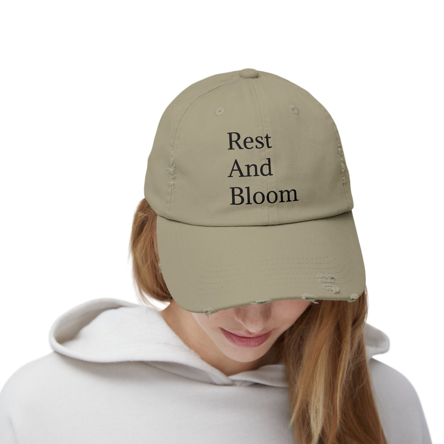 Unisex Distressed Cap - "Rest And Bloom" gemaklike hoed vir ontspanning en styl