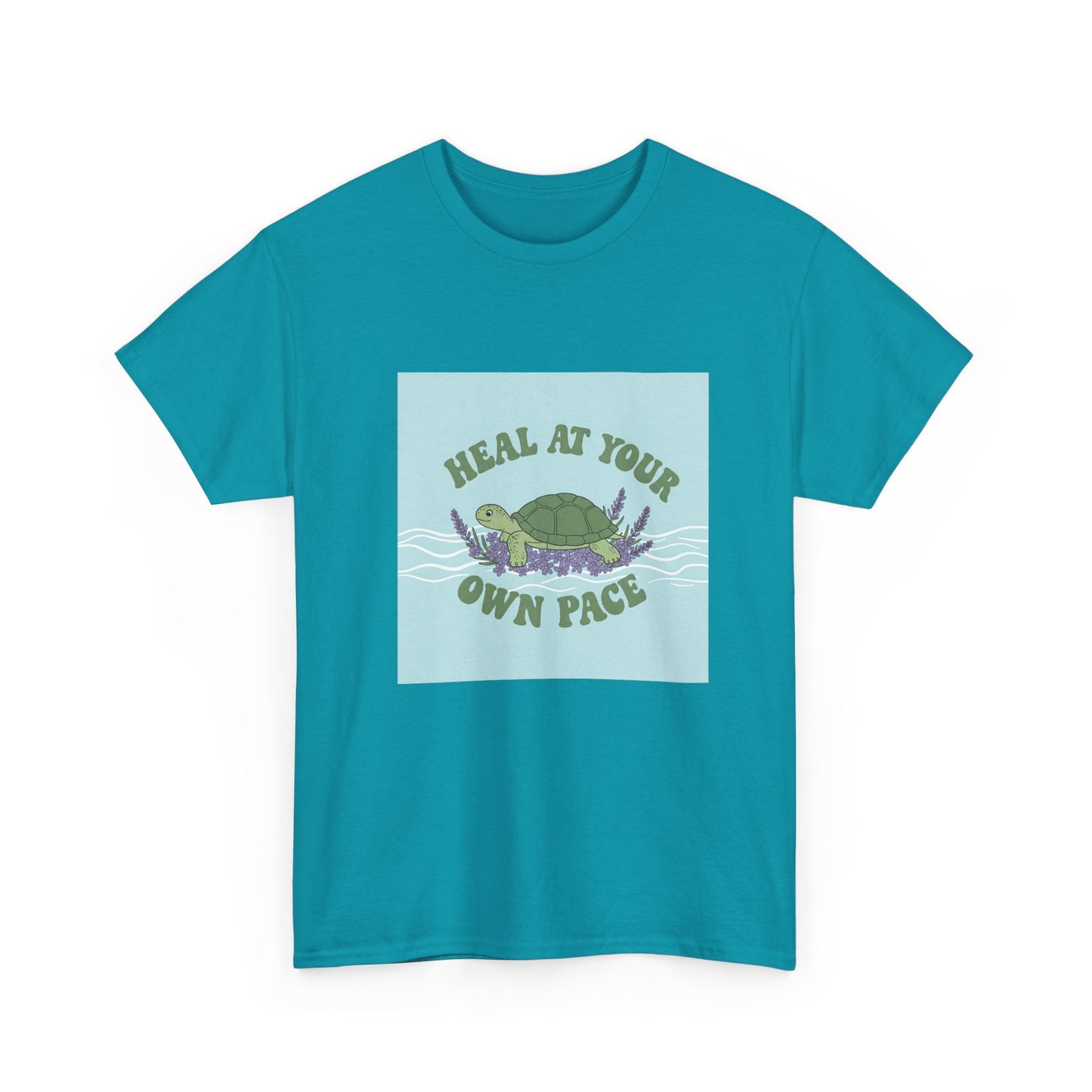 Heal at Your Own Pace Unisex Heavy Cotton Tee - Inspirational Turtle Graphic Tee for Relaxation