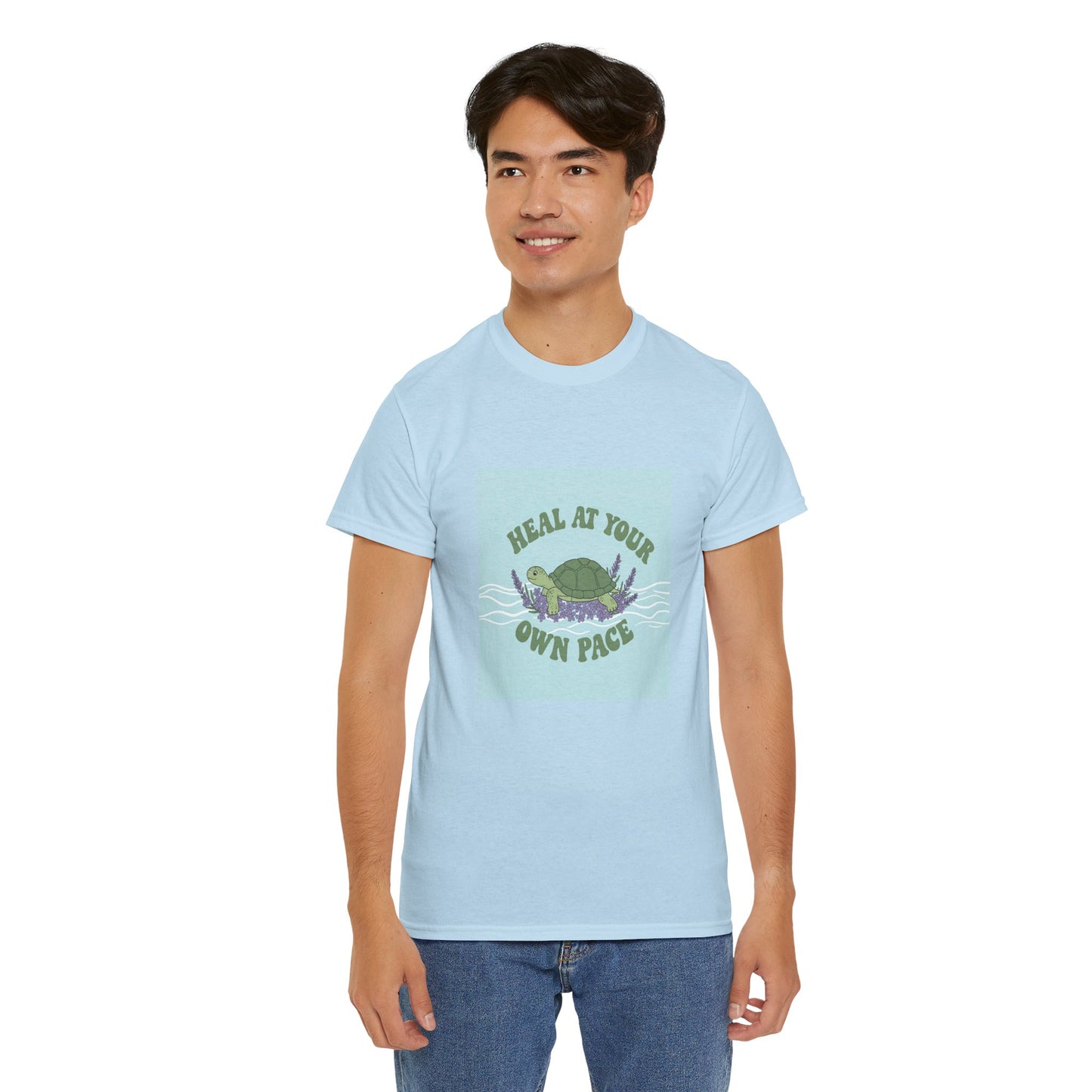 Heal at Your Own Pace Unisex Heavy Cotton Tee - Inspirational Turtle Graphic Tee for Relaxation