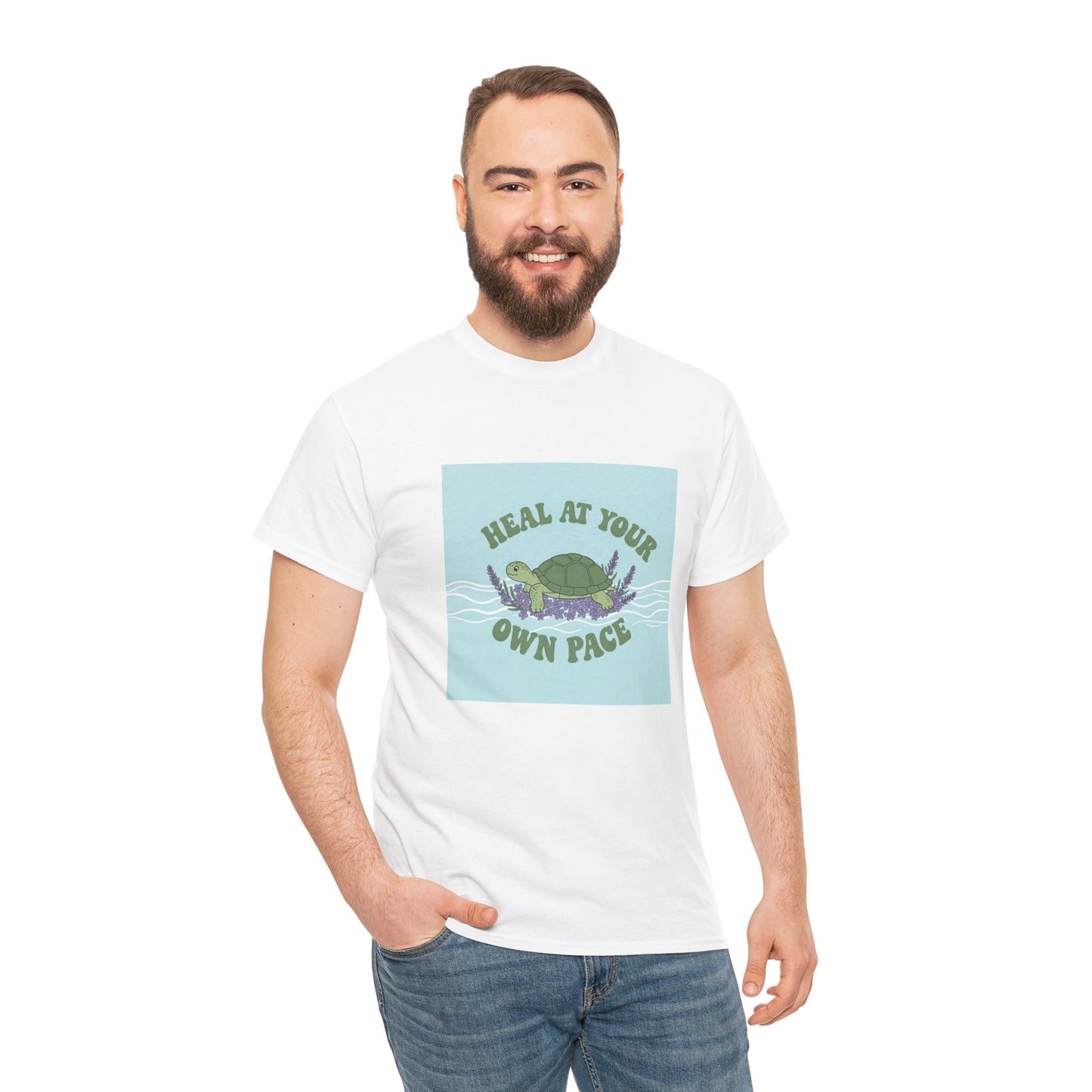 Heal at Your Own Pace Unisex Heavy Cotton Tee - Inspirational Turtle Graphic Tee for Relaxation