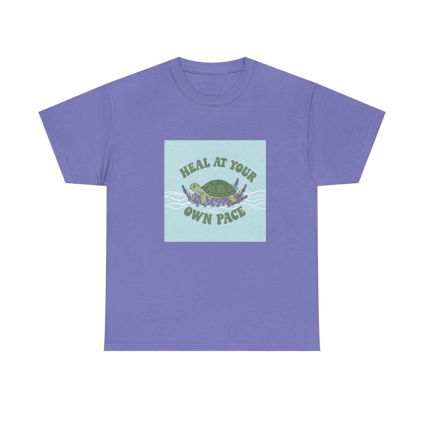 Heal at Your Own Pace Unisex Heavy Cotton Tee - Inspirational Turtle Graphic Tee for Relaxation