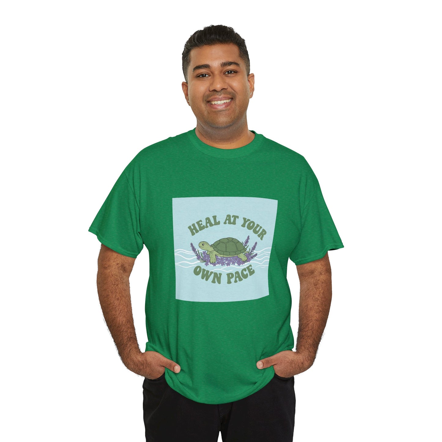 Heal at Your Own Pace Unisex Heavy Cotton Tee - Inspirational Turtle Graphic Tee for Relaxation