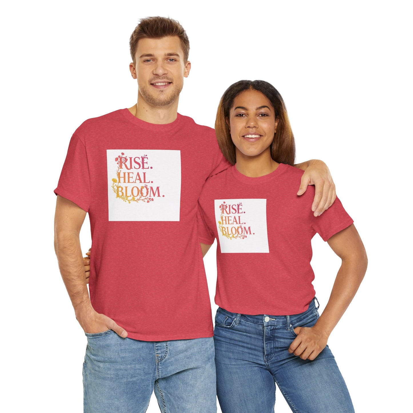 Rise Heal Bloom Unisex Heavy Cotton Tee - Motivational Graphic T-Shirt for Self-Care and Wellness