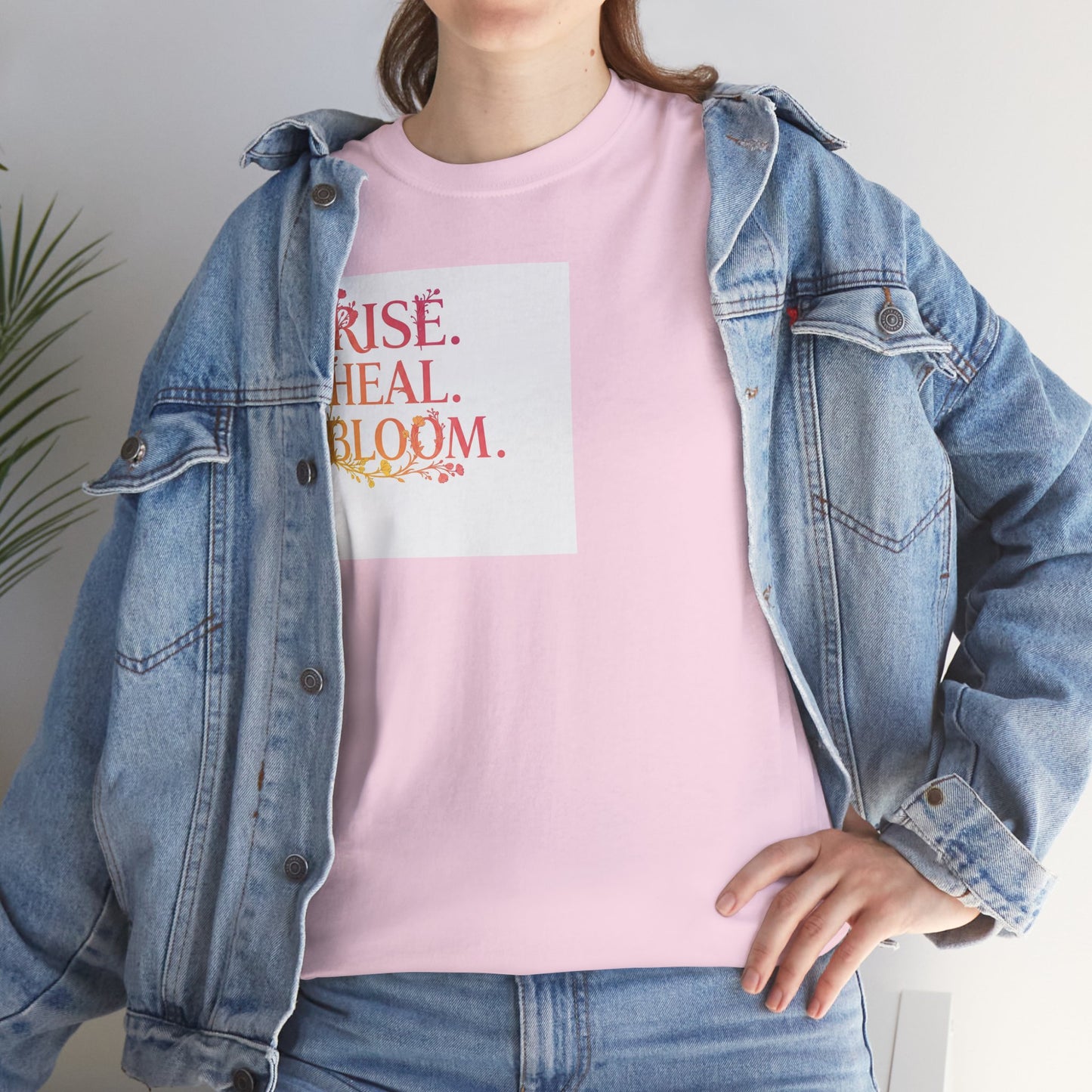 Rise Heal Bloom Unisex Heavy Cotton Tee - Motivational Graphic T-Shirt for Self-Care and Wellness