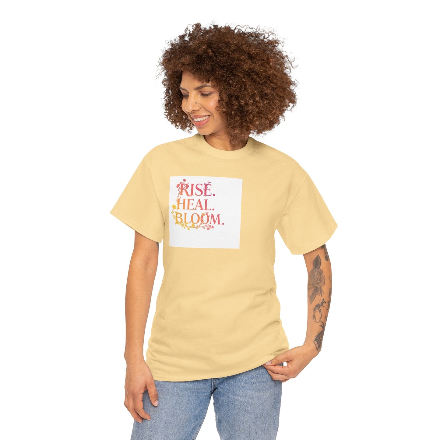 Rise Heal Bloom Unisex Heavy Cotton Tee - Motivational Graphic T-Shirt for Self-Care and Wellness