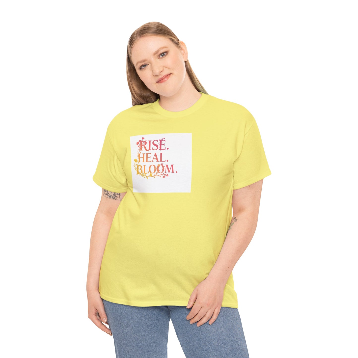 Rise Heal Bloom Unisex Heavy Cotton Tee - Motivational Graphic T-Shirt for Self-Care and Wellness