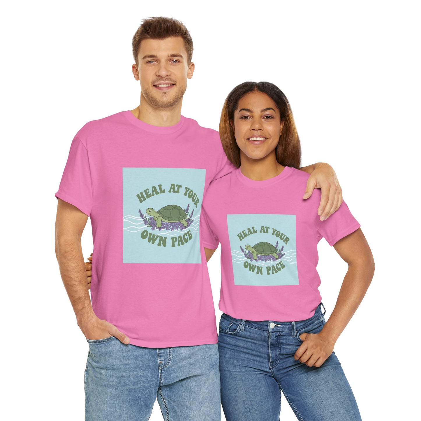 Heal at Your Own Pace Unisex Heavy Cotton Tee - Inspirational Turtle Graphic Tee for Relaxation