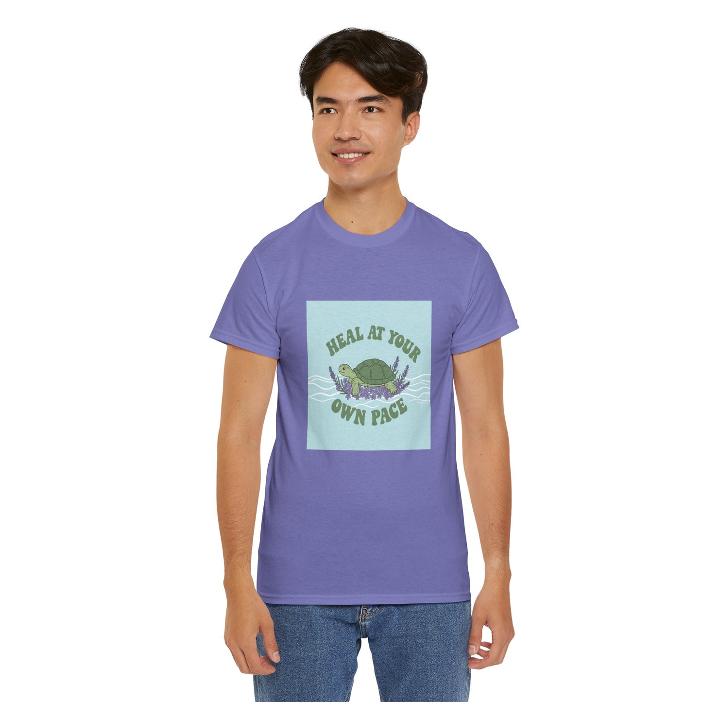 Heal at Your Own Pace Unisex Heavy Cotton Tee - Inspirational Turtle Graphic Tee for Relaxation