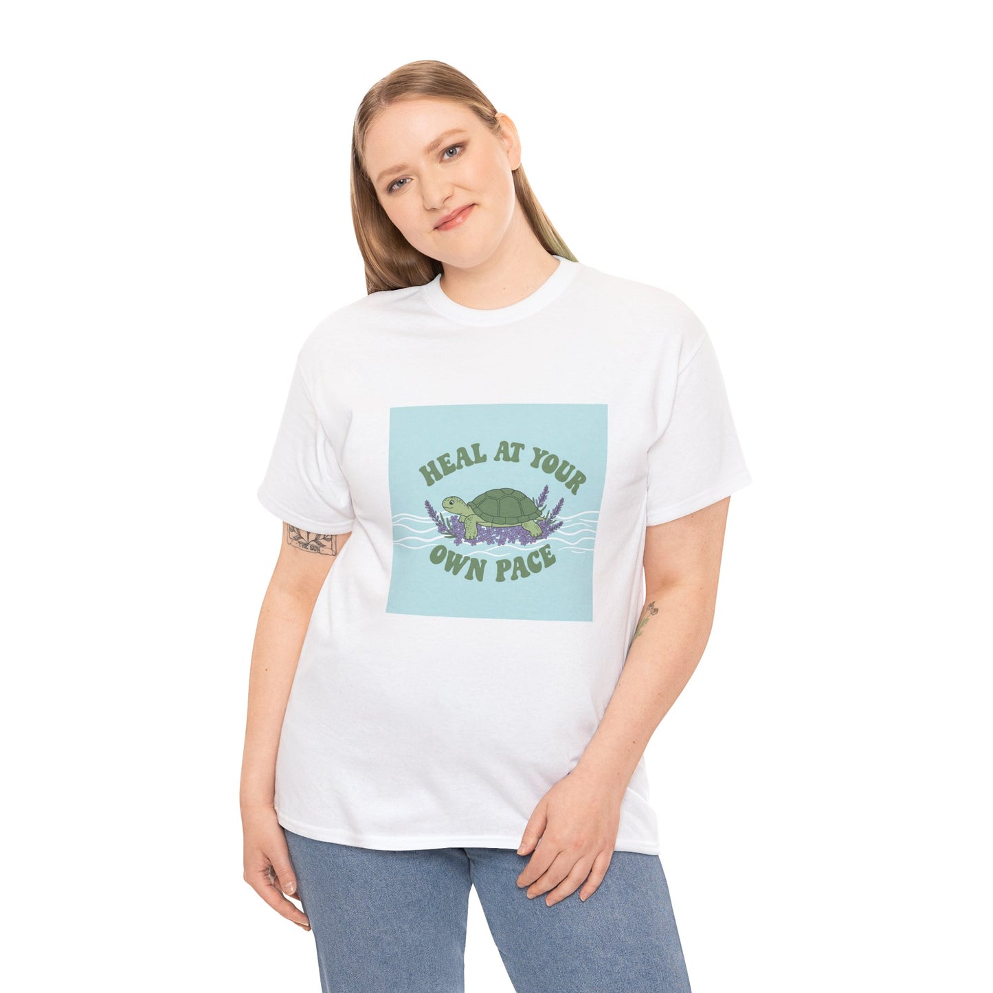 Heal at Your Own Pace Unisex Heavy Cotton Tee - Inspirational Turtle Graphic Tee for Relaxation