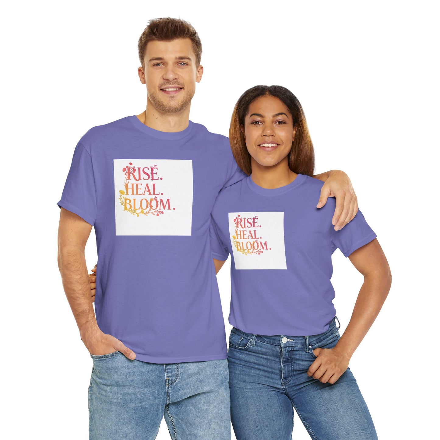 Rise Heal Bloom Unisex Heavy Cotton Tee - Motivational Graphic T-Shirt for Self-Care and Wellness