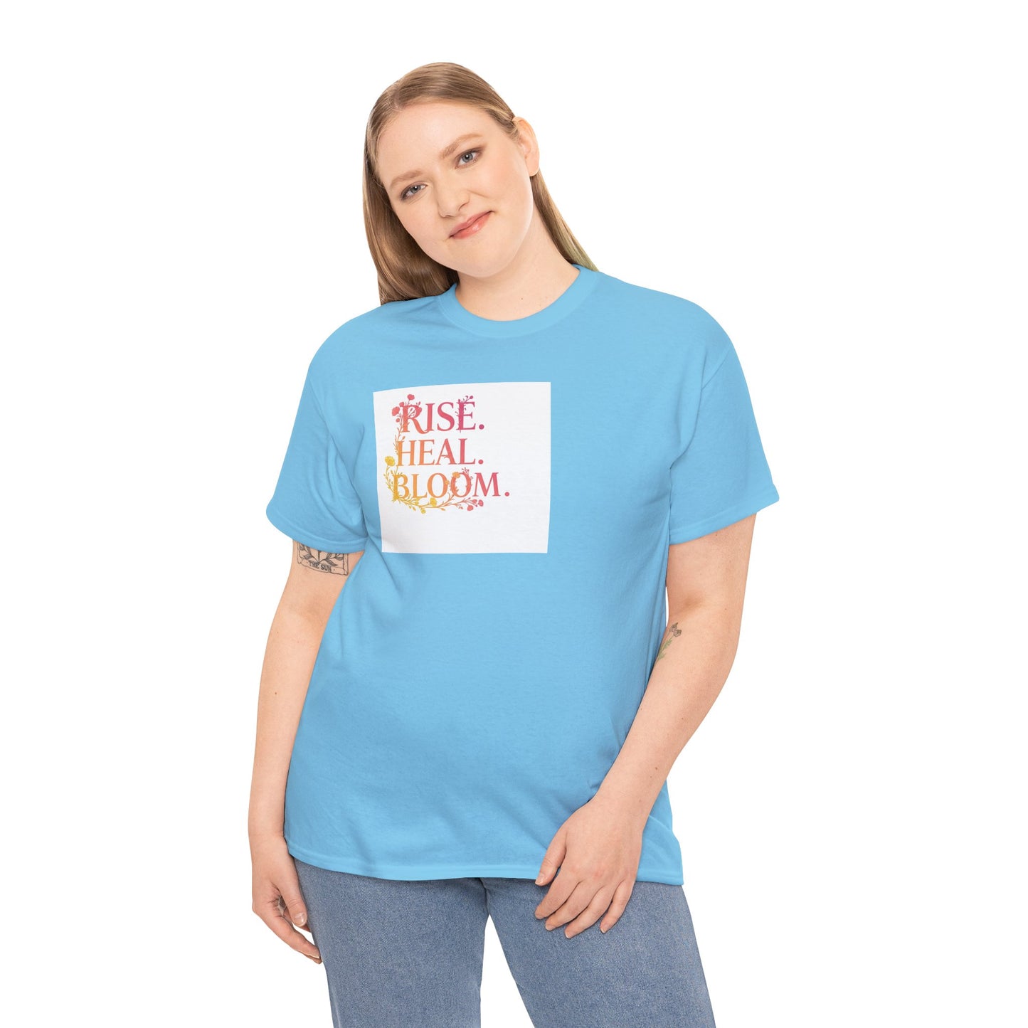 Rise Heal Bloom Unisex Heavy Cotton Tee - Motivational Graphic T-Shirt for Self-Care and Wellness