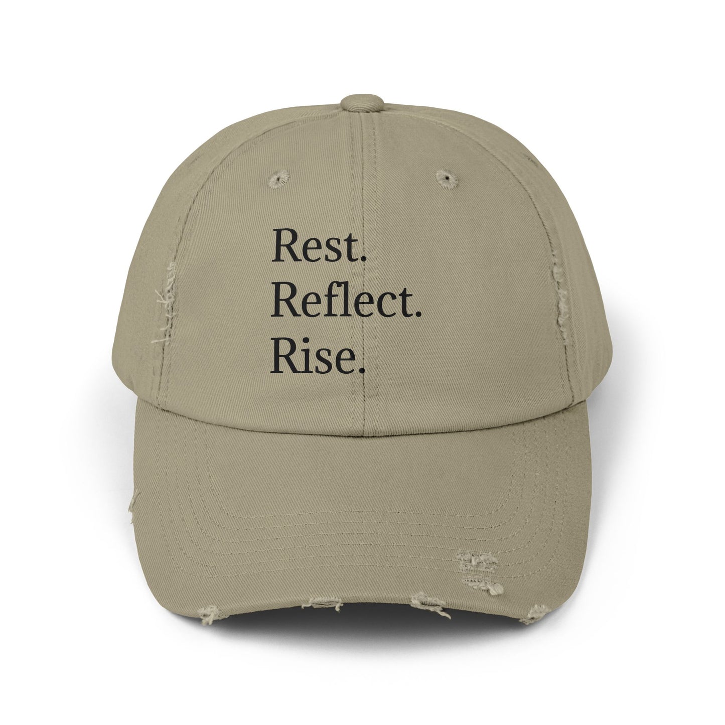 Unisex Distressed Cap - Rest. Besin. Staan op. Inspirerende hoed vir bewustheid en selfversorging