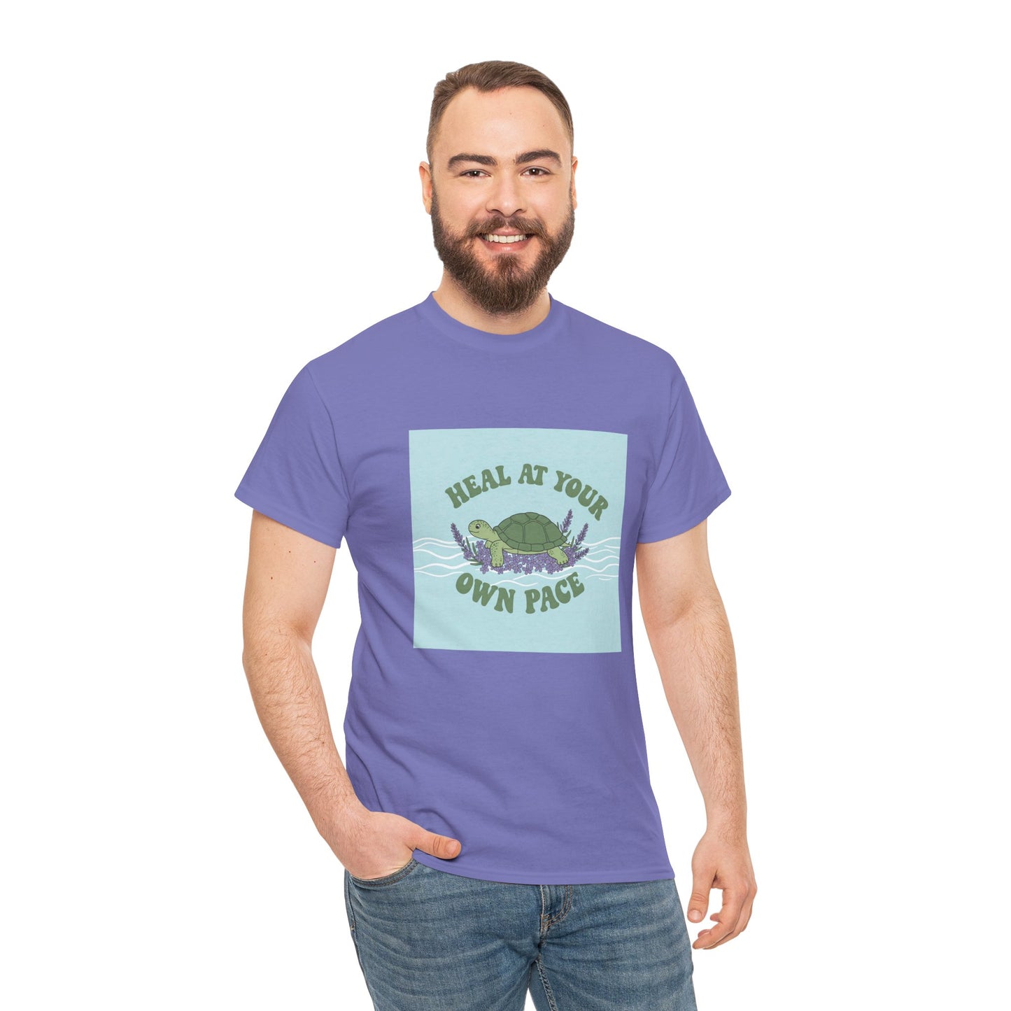 Heal at Your Own Pace Unisex Heavy Cotton Tee - Inspirational Turtle Graphic Tee for Relaxation