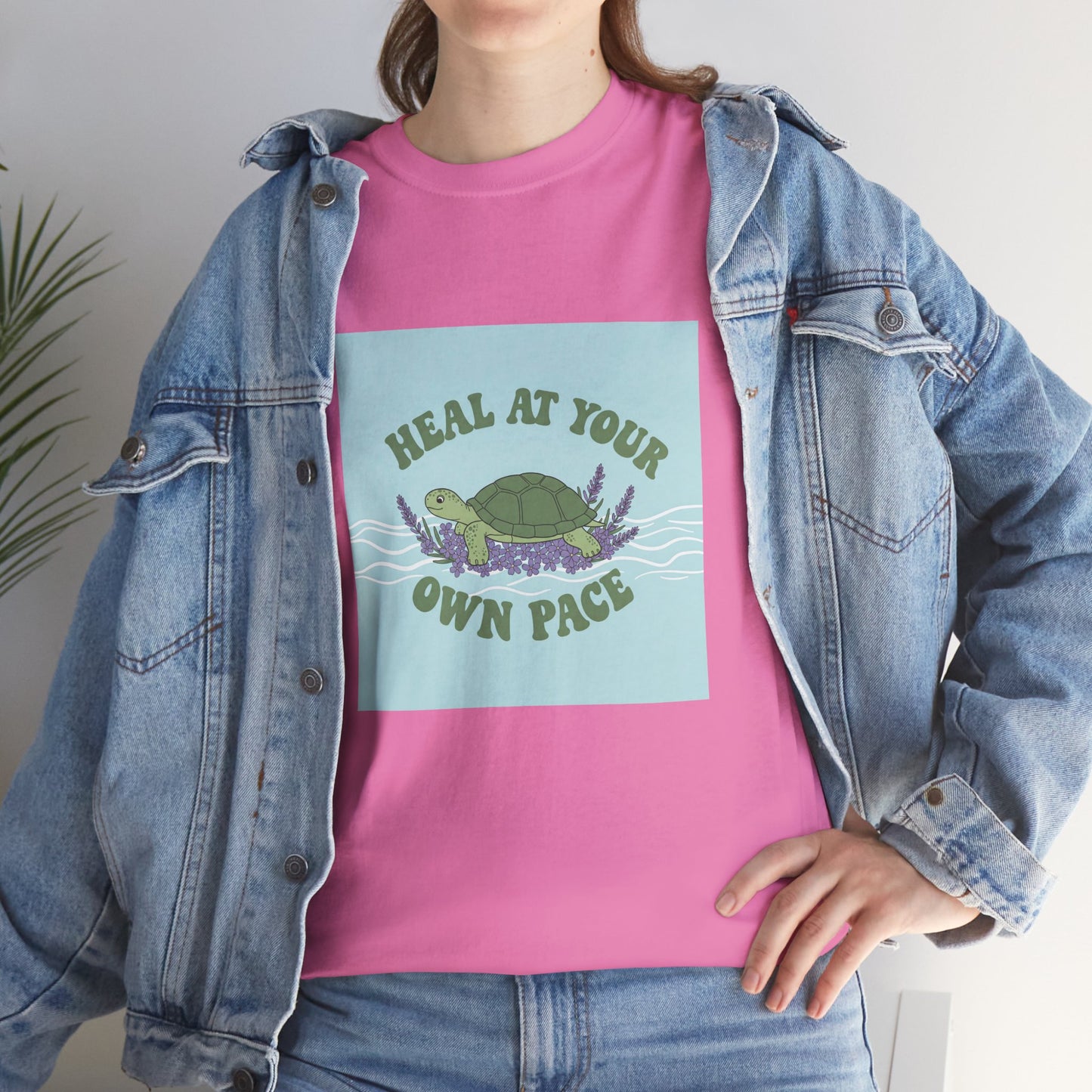 Heal at Your Own Pace Unisex Heavy Cotton Tee - Inspirational Turtle Graphic Tee for Relaxation