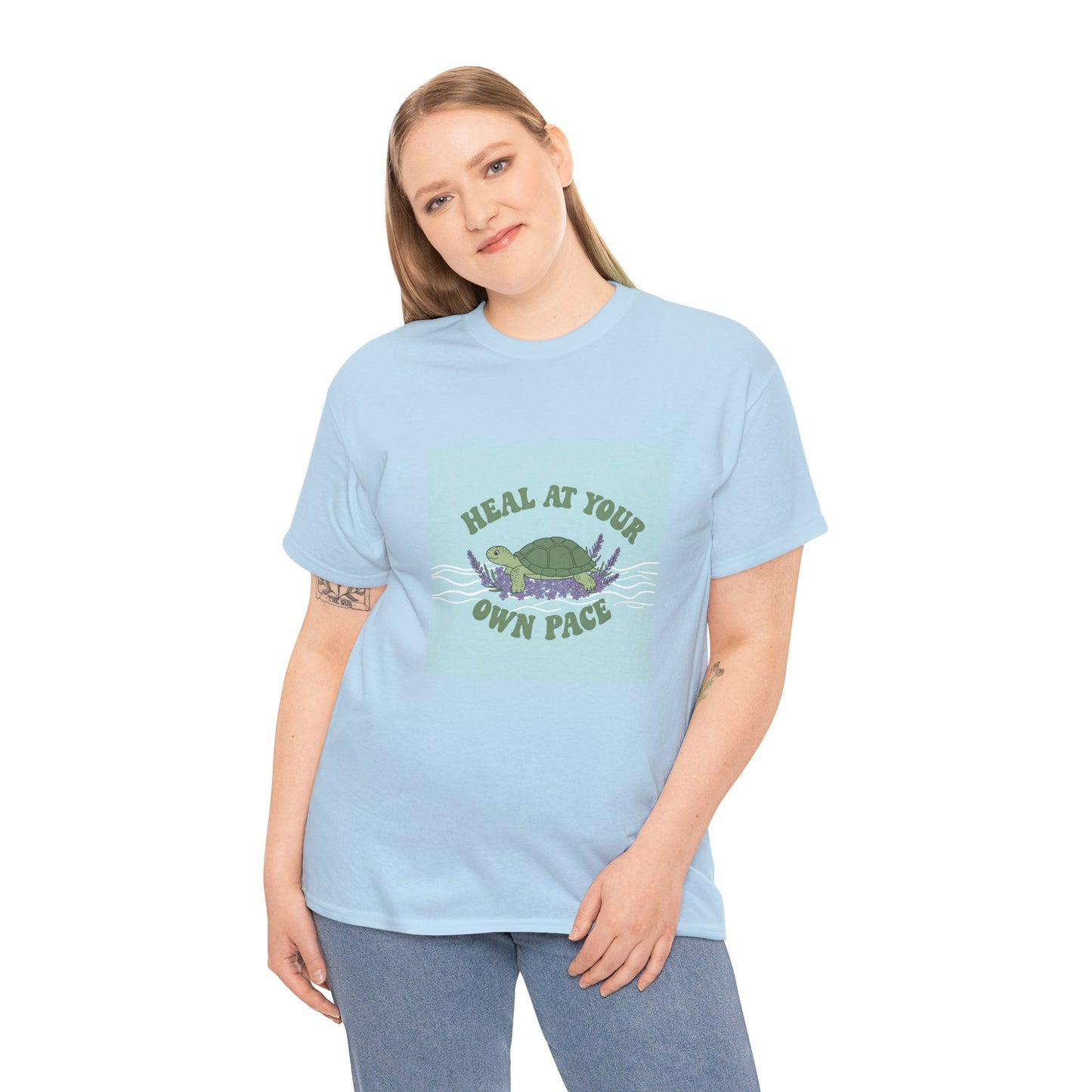 Heal at Your Own Pace Unisex Heavy Cotton Tee - Inspirational Turtle Graphic Tee for Relaxation