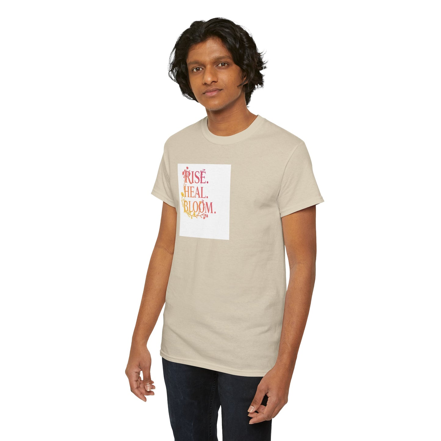 Rise Heal Bloom Unisex Heavy Cotton Tee - Motivational Graphic T-Shirt for Self-Care and Wellness