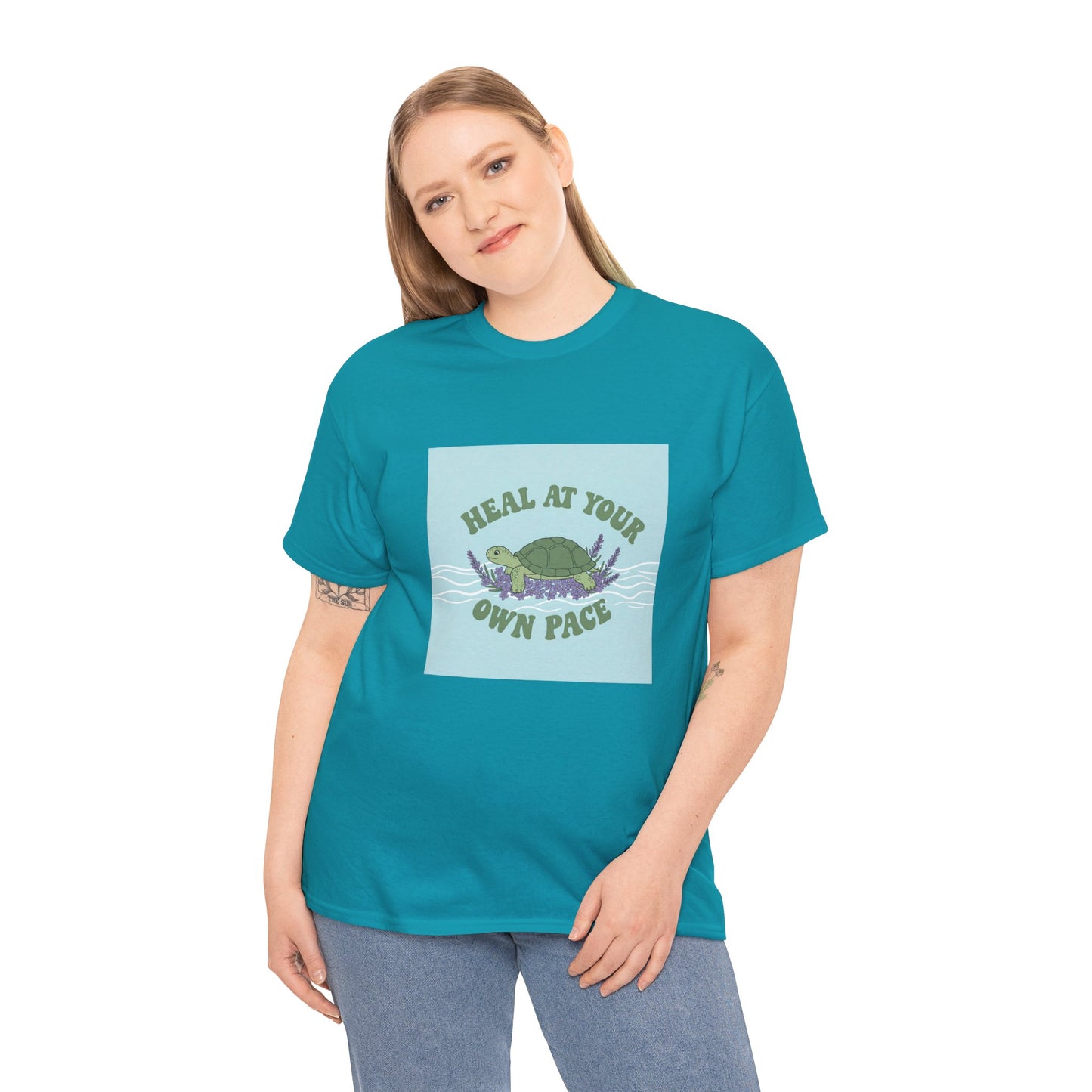 Heal at Your Own Pace Unisex Heavy Cotton Tee - Inspirational Turtle Graphic Tee for Relaxation