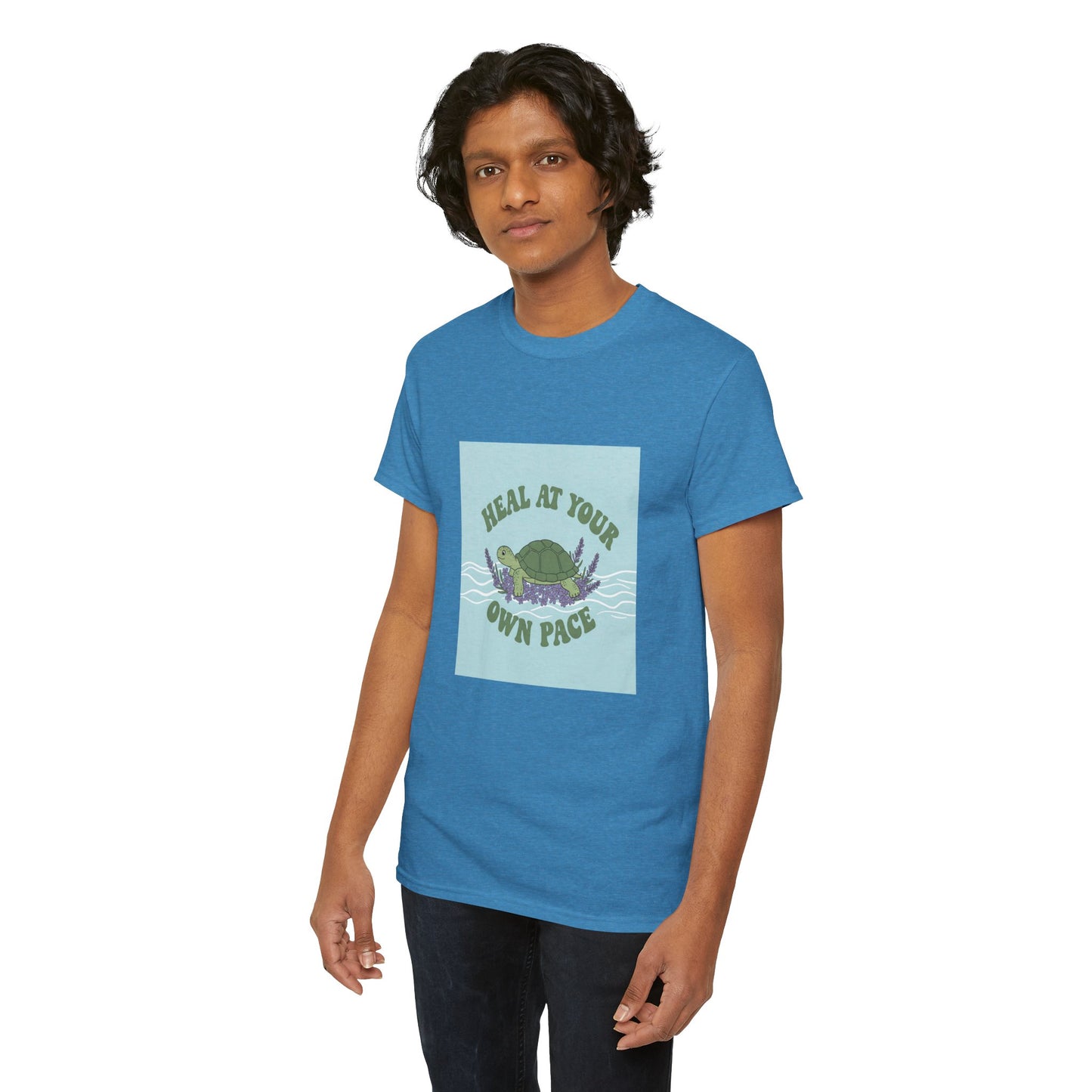 Heal at Your Own Pace Unisex Heavy Cotton Tee - Inspirational Turtle Graphic Tee for Relaxation