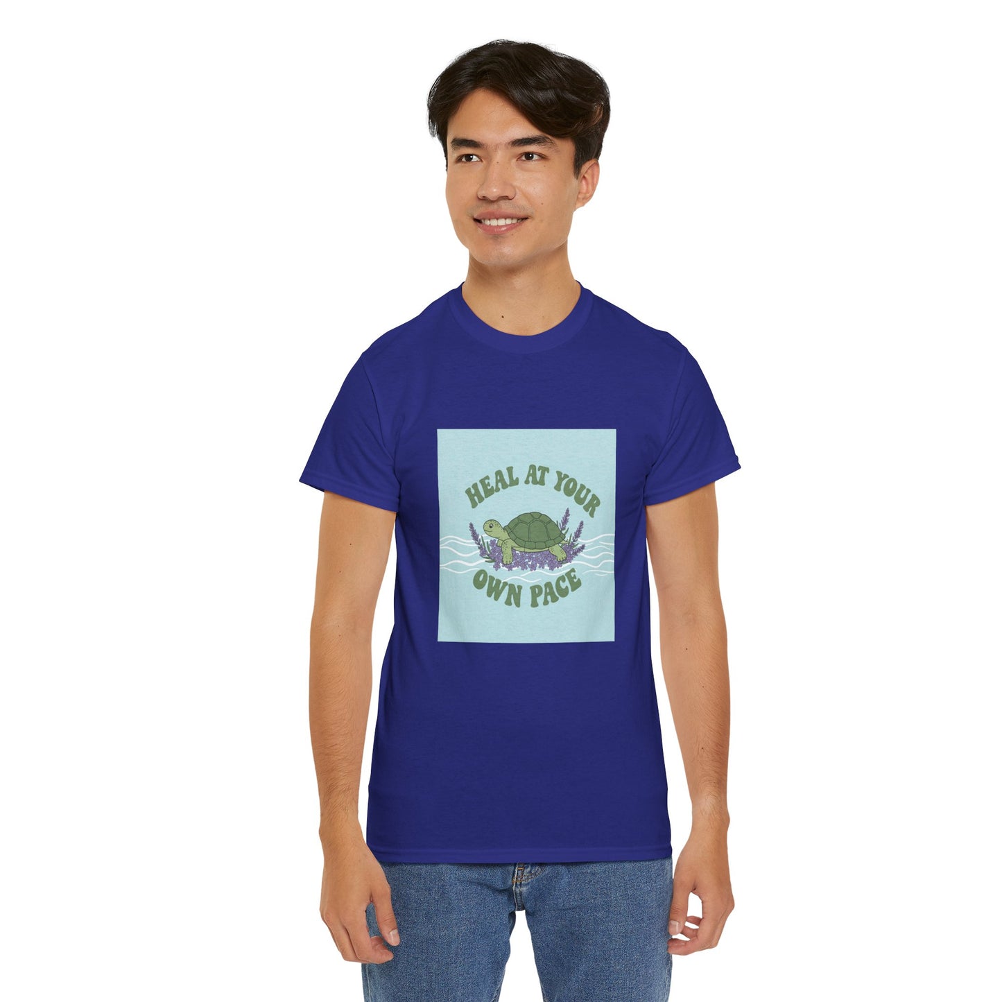 Heal at Your Own Pace Unisex Heavy Cotton Tee - Inspirational Turtle Graphic Tee for Relaxation