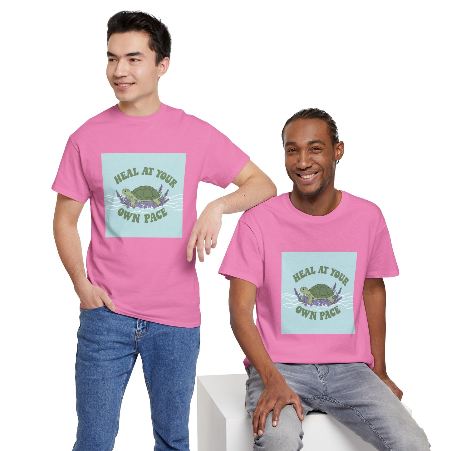 Heal at Your Own Pace Unisex Heavy Cotton Tee - Inspirational Turtle Graphic Tee for Relaxation