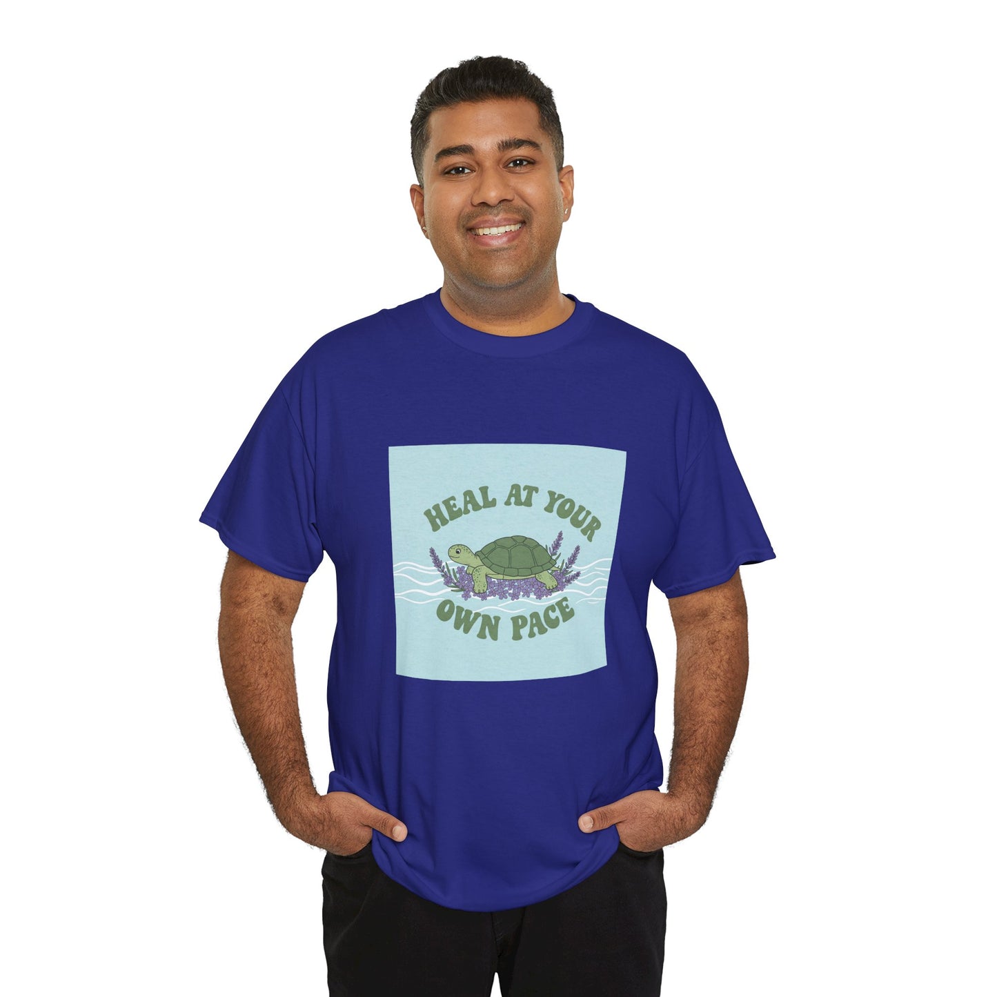 Heal at Your Own Pace Unisex Heavy Cotton Tee - Inspirational Turtle Graphic Tee for Relaxation