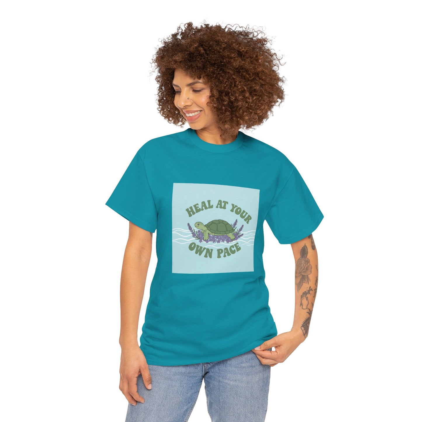 Heal at Your Own Pace Unisex Heavy Cotton Tee - Inspirational Turtle Graphic Tee for Relaxation