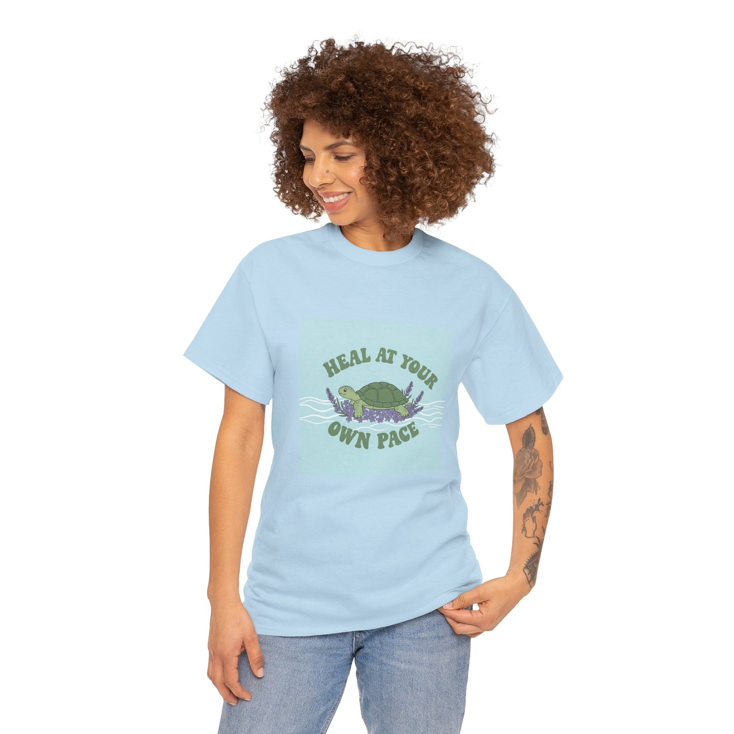 Heal at Your Own Pace Unisex Heavy Cotton Tee - Inspirational Turtle Graphic Tee for Relaxation