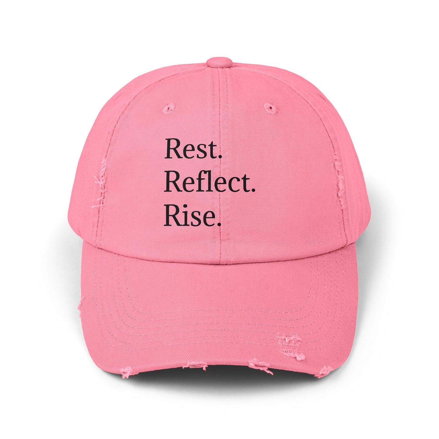 Unisex Distressed Cap - Rest. Reflect. Rise. Inspirational Hat for Mindfulness and Self-Care