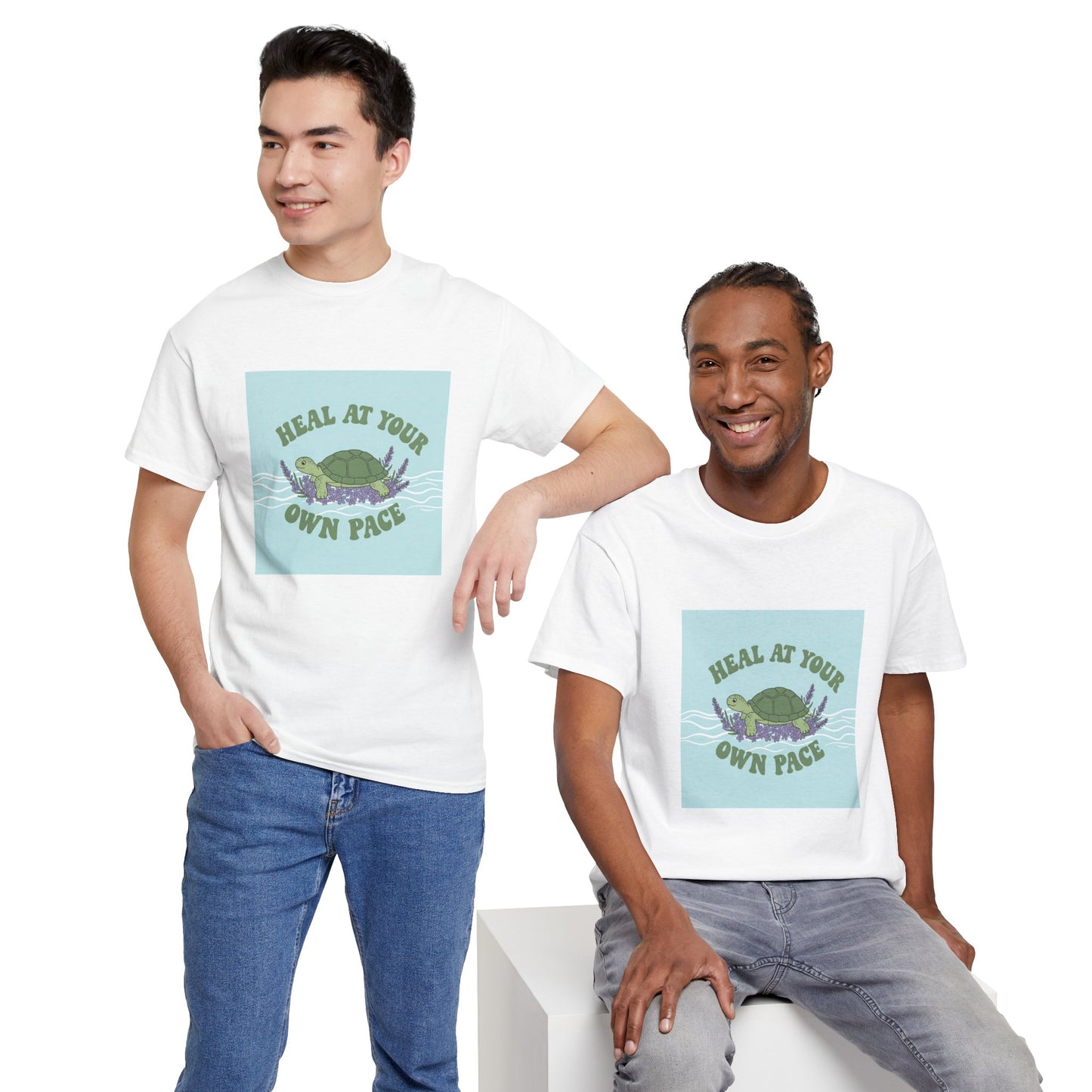 Heal at Your Own Pace Unisex Heavy Cotton Tee - Inspirational Turtle Graphic Tee for Relaxation