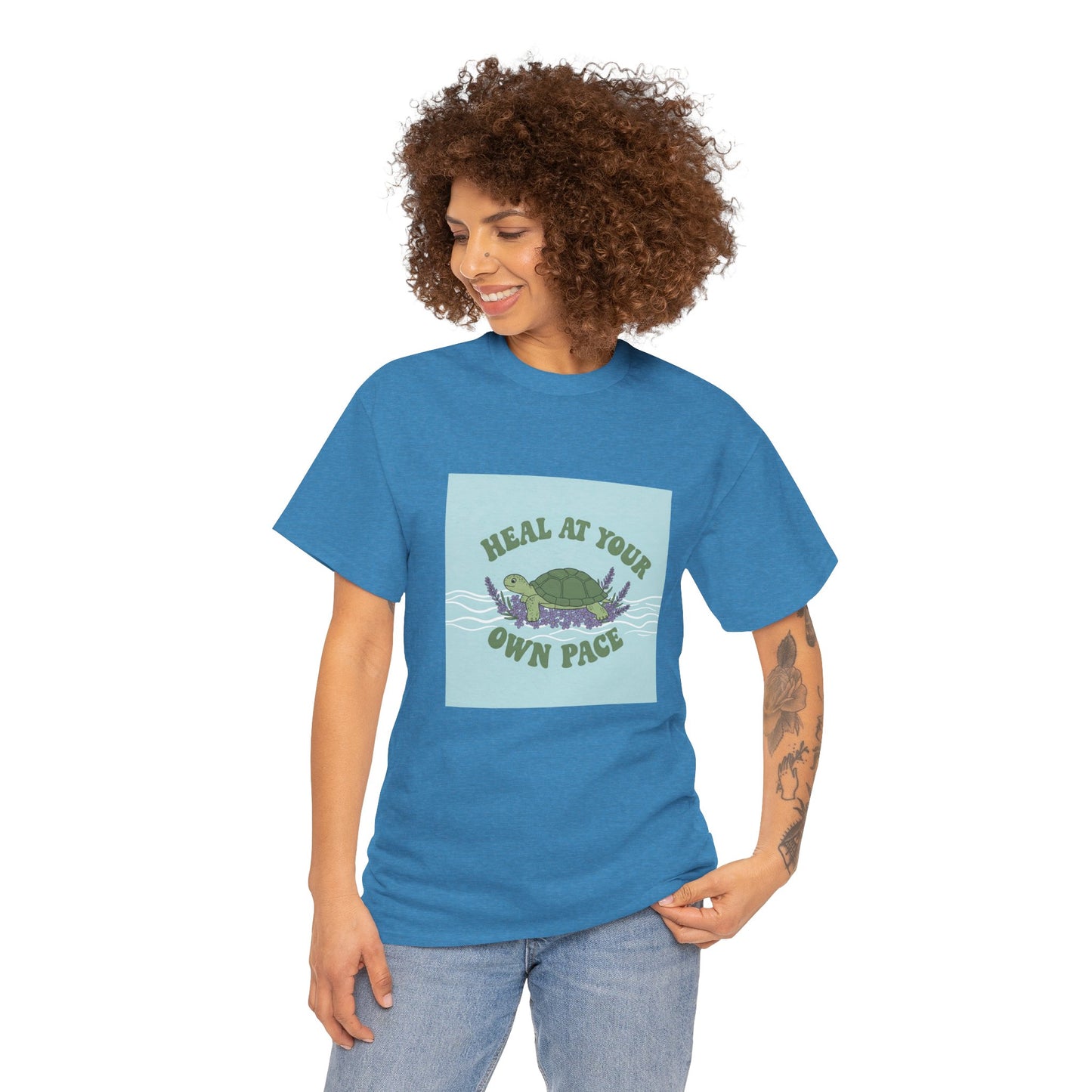 Heal at Your Own Pace Unisex Heavy Cotton Tee - Inspirational Turtle Graphic Tee for Relaxation