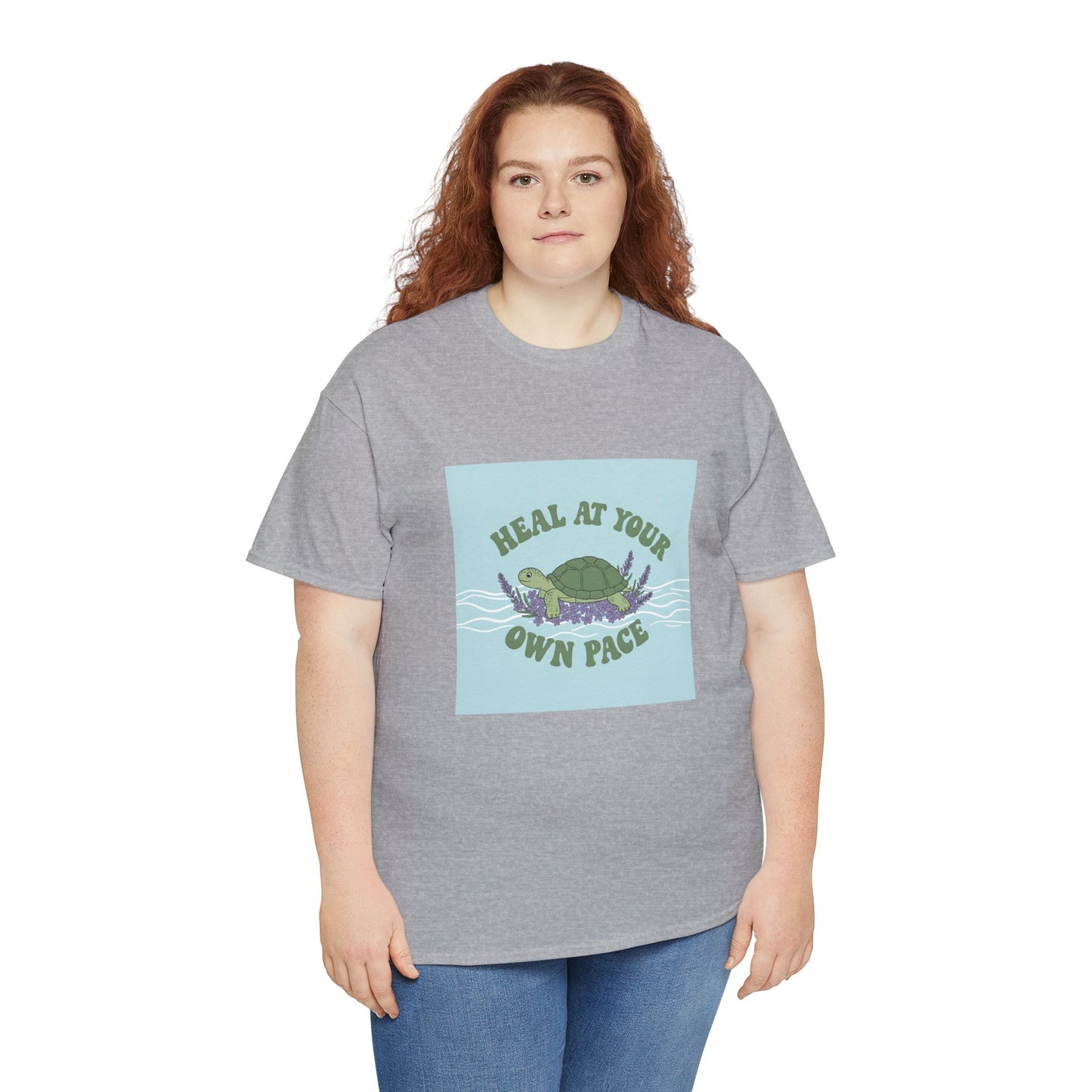 Heal at Your Own Pace Unisex Heavy Cotton Tee - Inspirational Turtle Graphic Tee for Relaxation