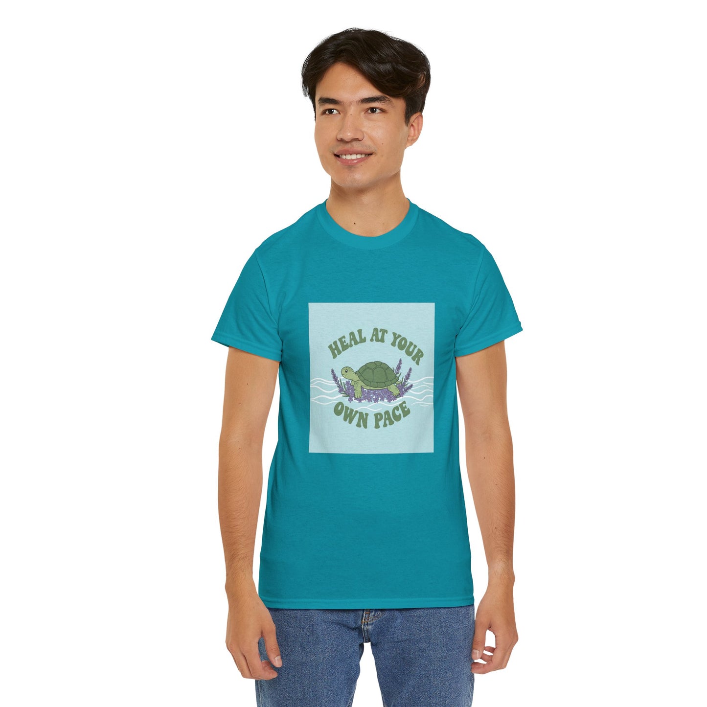 Heal at Your Own Pace Unisex Heavy Cotton Tee - Inspirational Turtle Graphic Tee for Relaxation