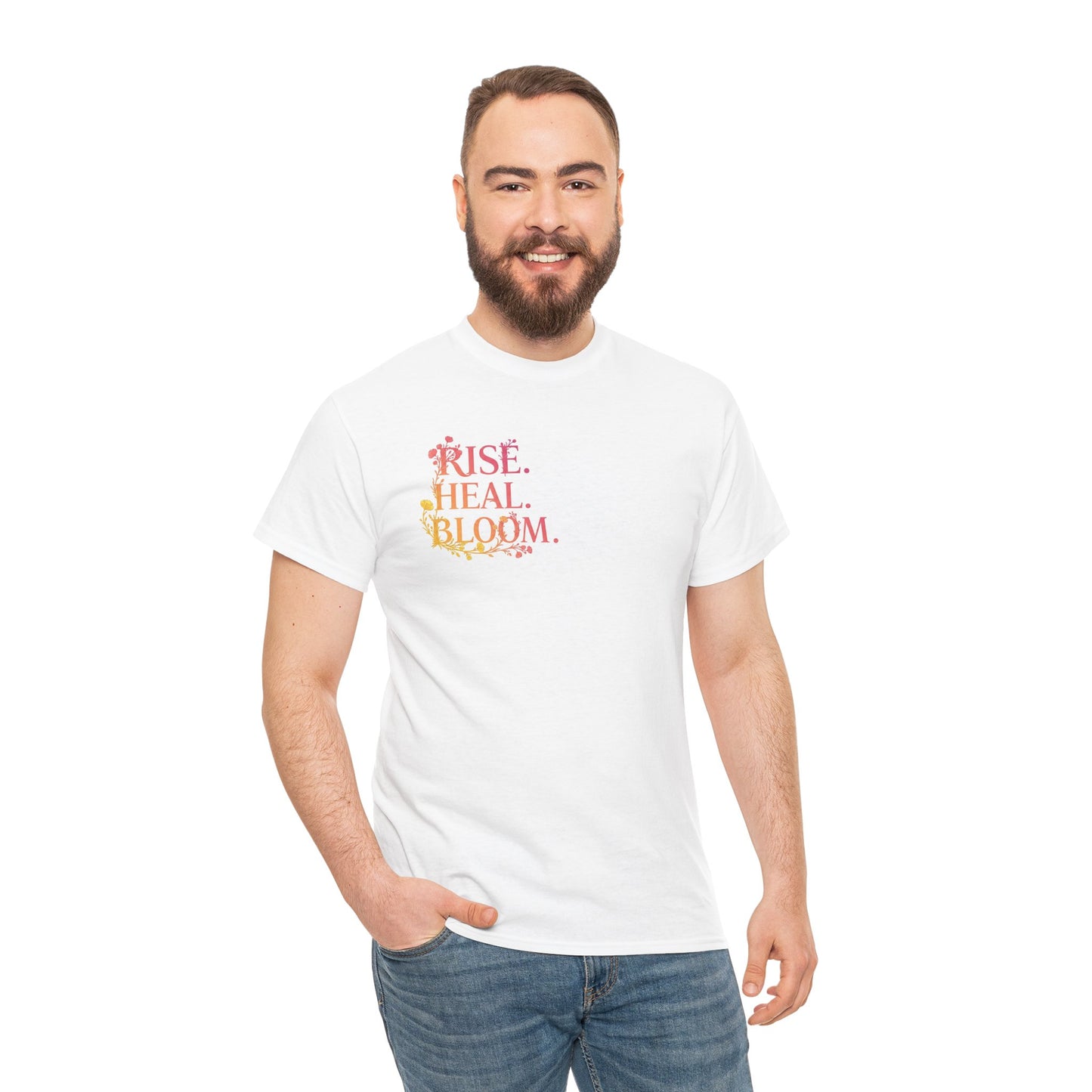 Rise Heal Bloom Unisex Heavy Cotton Tee - Motivational Graphic T-Shirt for Self-Care and Wellness