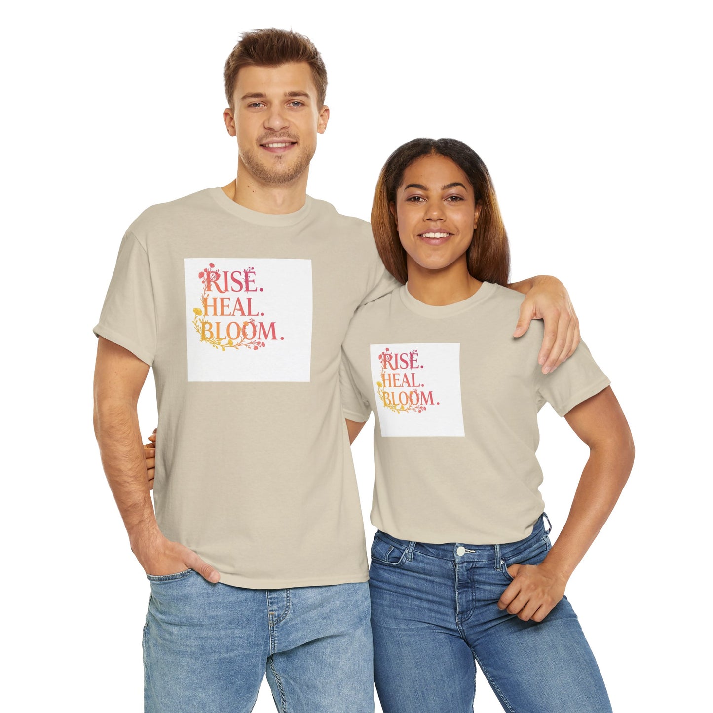 Rise Heal Bloom Unisex Heavy Cotton Tee - Motivational Graphic T-Shirt for Self-Care and Wellness