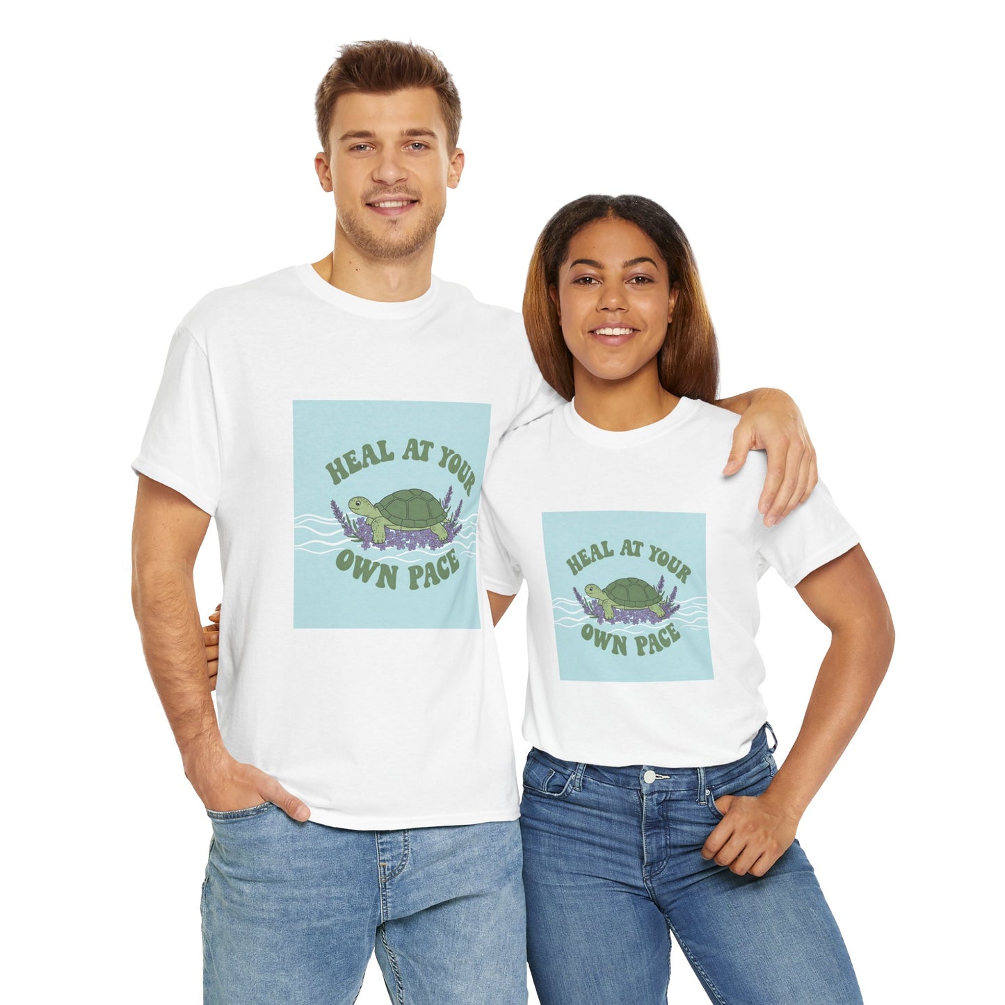 Heal at Your Own Pace Unisex Heavy Cotton Tee - Inspirational Turtle Graphic Tee for Relaxation