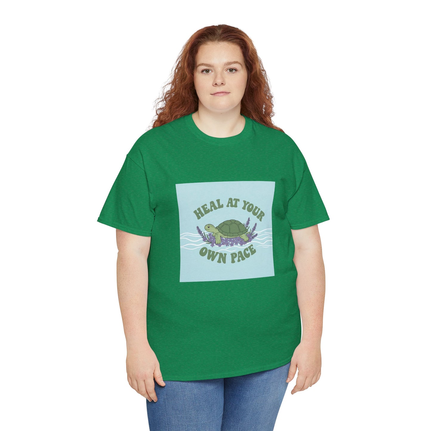 Heal at Your Own Pace Unisex Heavy Cotton Tee - Inspirational Turtle Graphic Tee for Relaxation